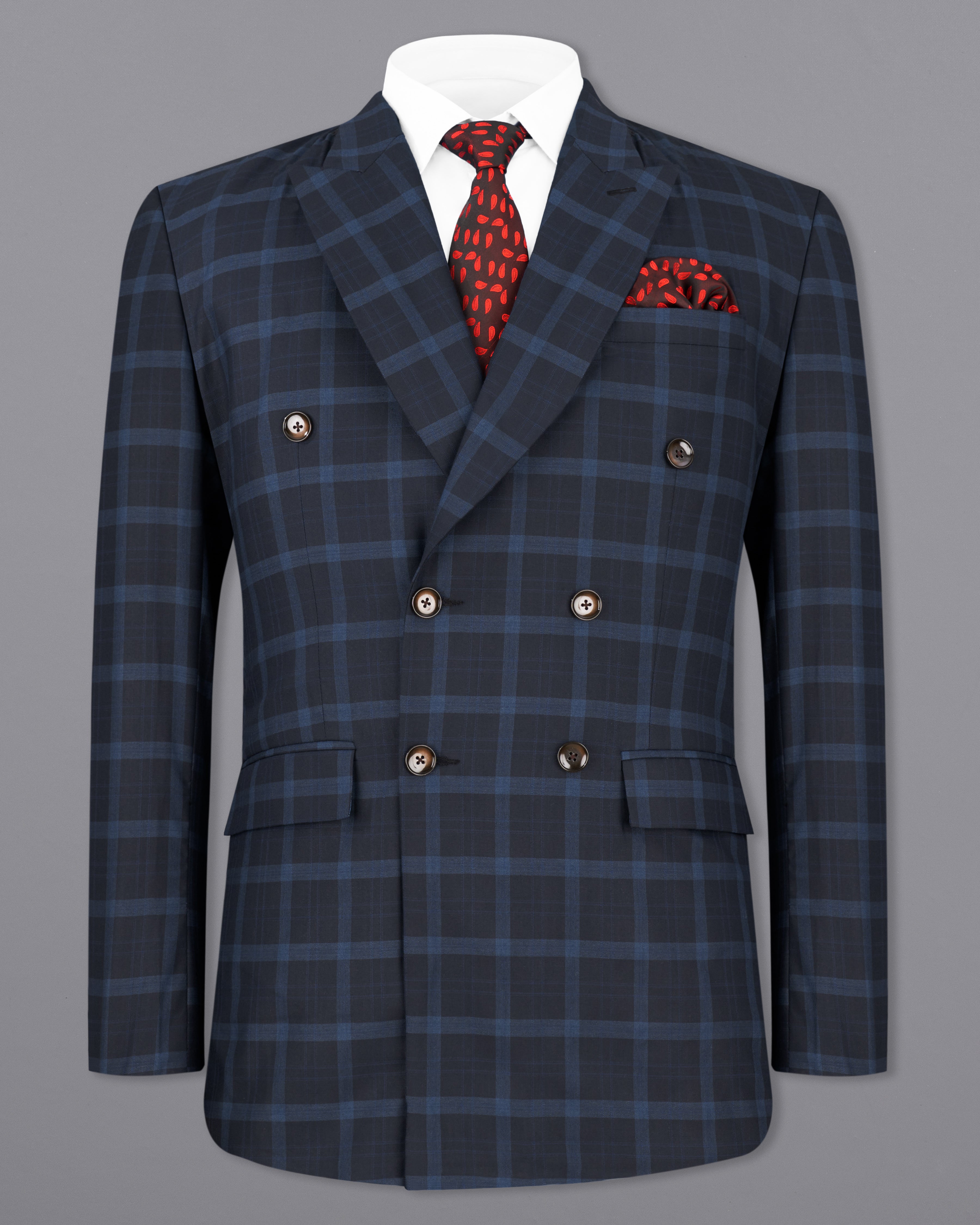 Baltic Sea Blue Windowpane Double Breasted Blazer