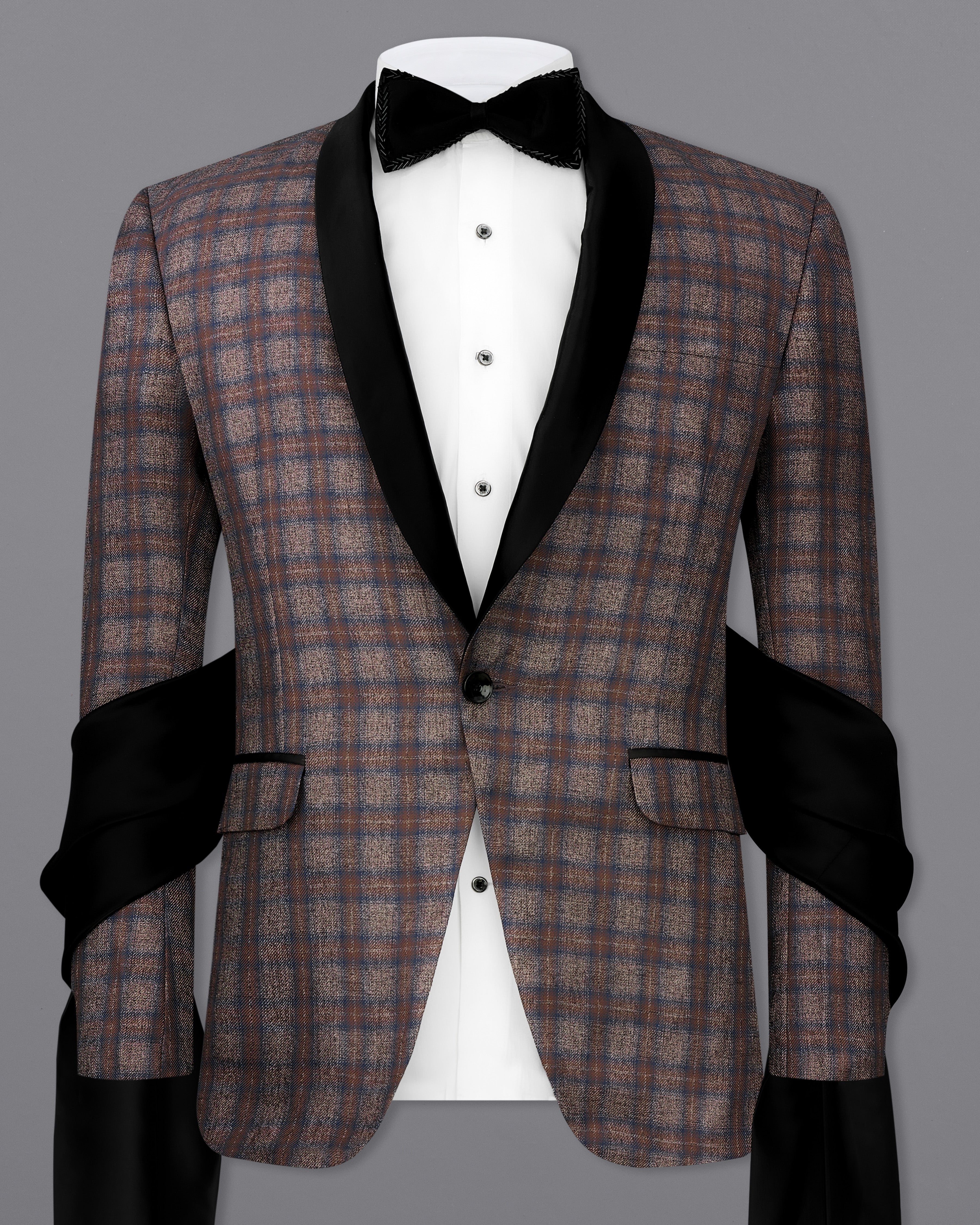 Hurricane Brown Plaid Tuxedo Designer Blazer with Shawl BL2336-BKL-D241-36, BL2336-BKL-D241-38, BL2336-BKL-D241-40, BL2336-BKL-D241-42, BL2336-BKL-D241-44, BL2336-BKL-D241-46, BL2336-BKL-D241-48, BL2336-BKL-D241-50, BL2336-BKL-D241-52, BL2336-BKL-D241-54, BL2336-BKL-D241-56, BL2336-BKL-D241-58, BL2336-BKL-D241-60