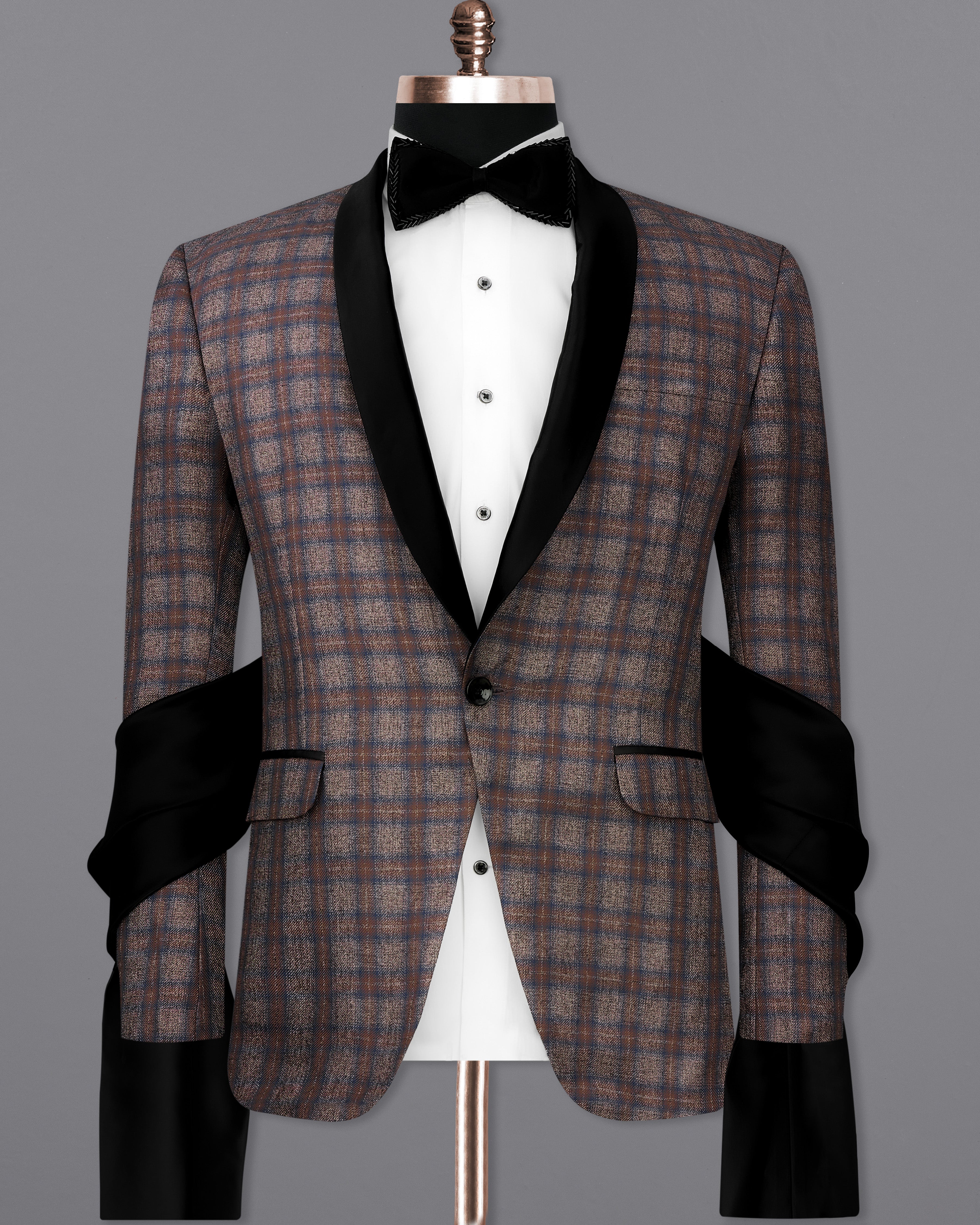 Hurricane Brown Plaid Tuxedo Designer Blazer with Shawl BL2336-BKL-D241-36, BL2336-BKL-D241-38, BL2336-BKL-D241-40, BL2336-BKL-D241-42, BL2336-BKL-D241-44, BL2336-BKL-D241-46, BL2336-BKL-D241-48, BL2336-BKL-D241-50, BL2336-BKL-D241-52, BL2336-BKL-D241-54, BL2336-BKL-D241-56, BL2336-BKL-D241-58, BL2336-BKL-D241-60