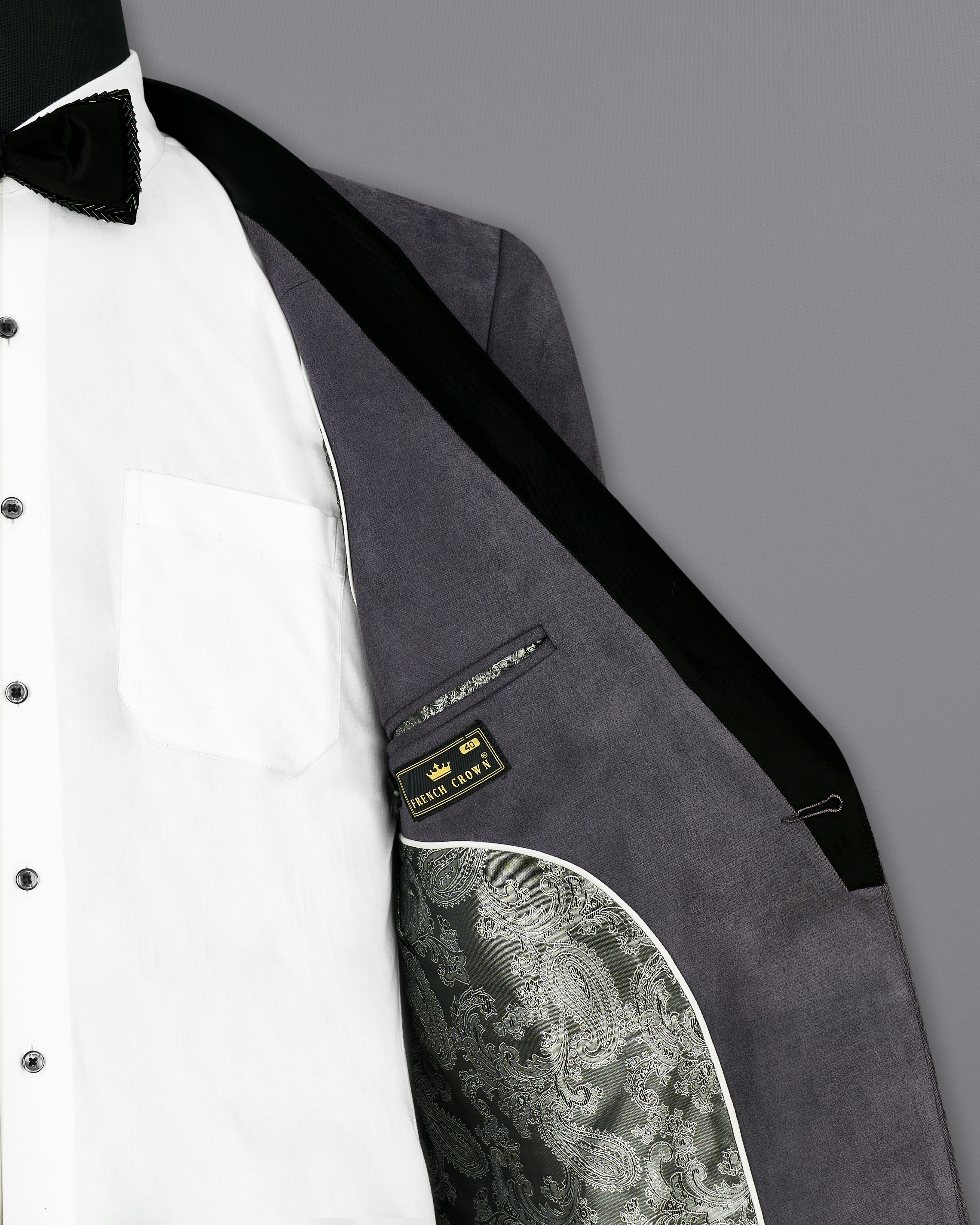 Iridium Gray Velvet Tuxedo Designer Blazer with Shawl BL2341-BKL-D241-36, BL2341-BKL-D241-38, BL2341-BKL-D241-40, BL2341-BKL-D241-42, BL2341-BKL-D241-44, BL2341-BKL-D241-46, BL2341-BKL-D241-48, BL2341-BKL-D241-50, BL2341-BKL-D241-52, BL2341-BKL-D241-54, BL2341-BKL-D241-56, BL2341-BKL-D241-58, BL2341-BKL-D241-60