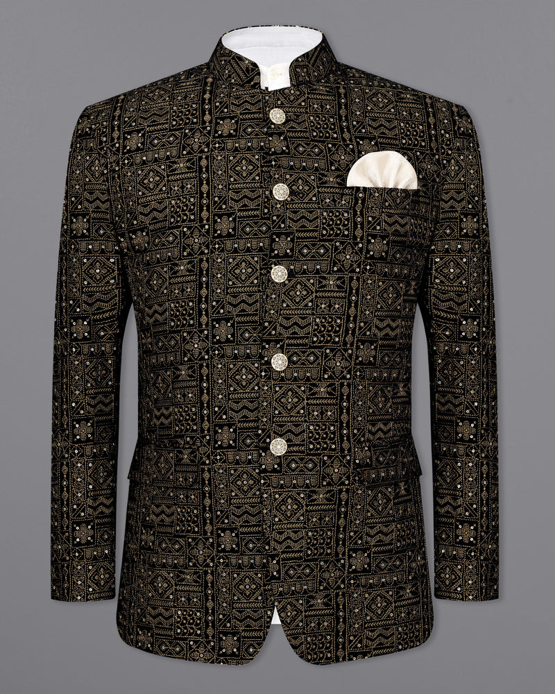 Jade Black and Camel Brown with Sequins Work Bandhgala Blazer BL2407-BG-36, BL2407-BG-38, BL2407-BG-40, BL2407-BG-42, BL2407-BG-44, BL2407-BG-46, BL2407-BG-48, BL2407-BG-50, BL2407-BG-52, BL2407-BG-54, BL2407-BG-56, BL2407-BG-58, BL2407-BG-60