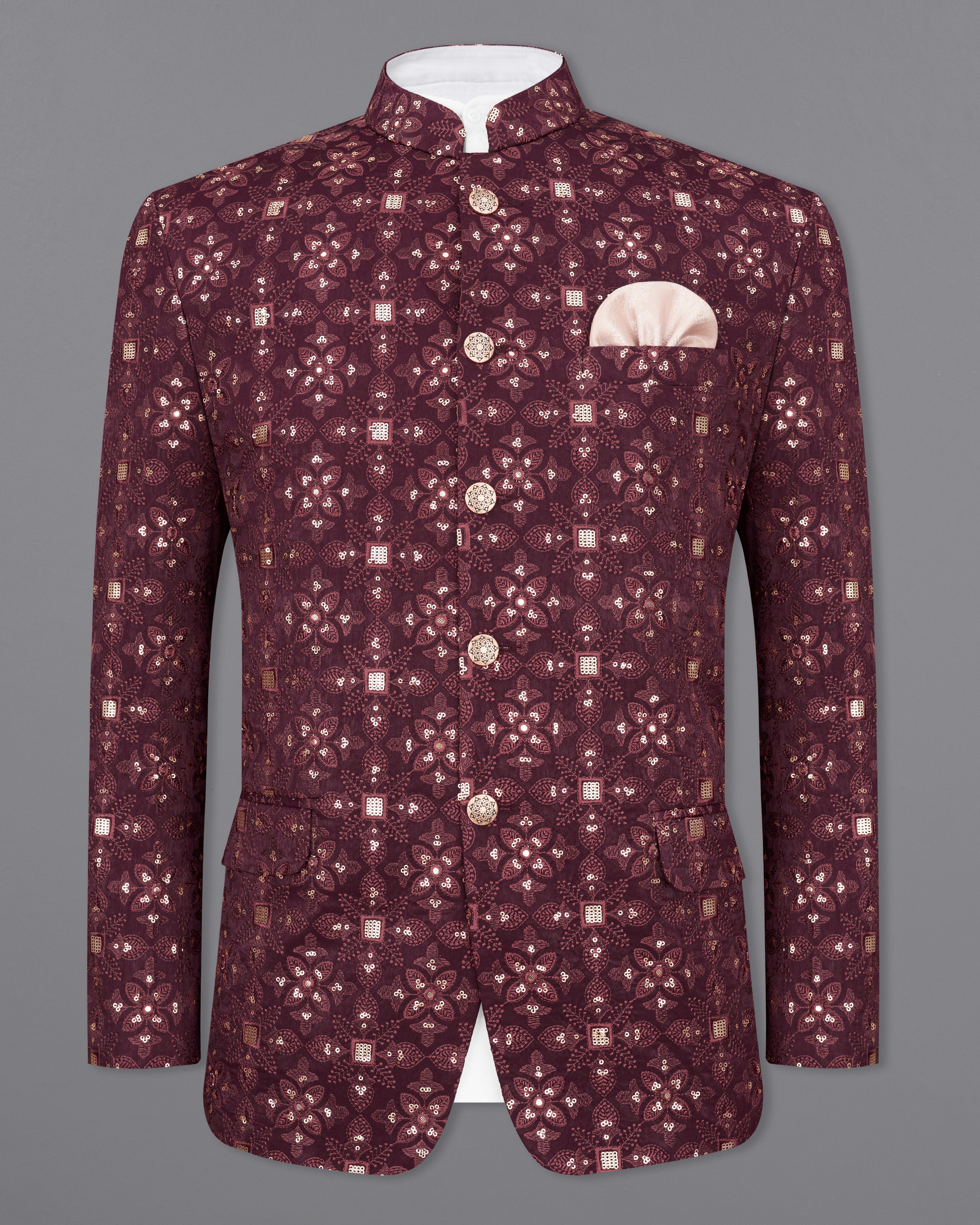 Cocoa Bean Maroon With Sequins Embroidered Bandhgala Blazer BL2415-BG-36,BL2415-BG-38,BL2415-BG-40,BL2415-BG-42,BL2415-BG-44,BL2415-BG-46,BL2415-BG-48,BL2415-BG-50,BL2415-BG-52,BL2415-BG-54,BL2415-BG-56,BL2415-BG-58,BL2415-BG-60
