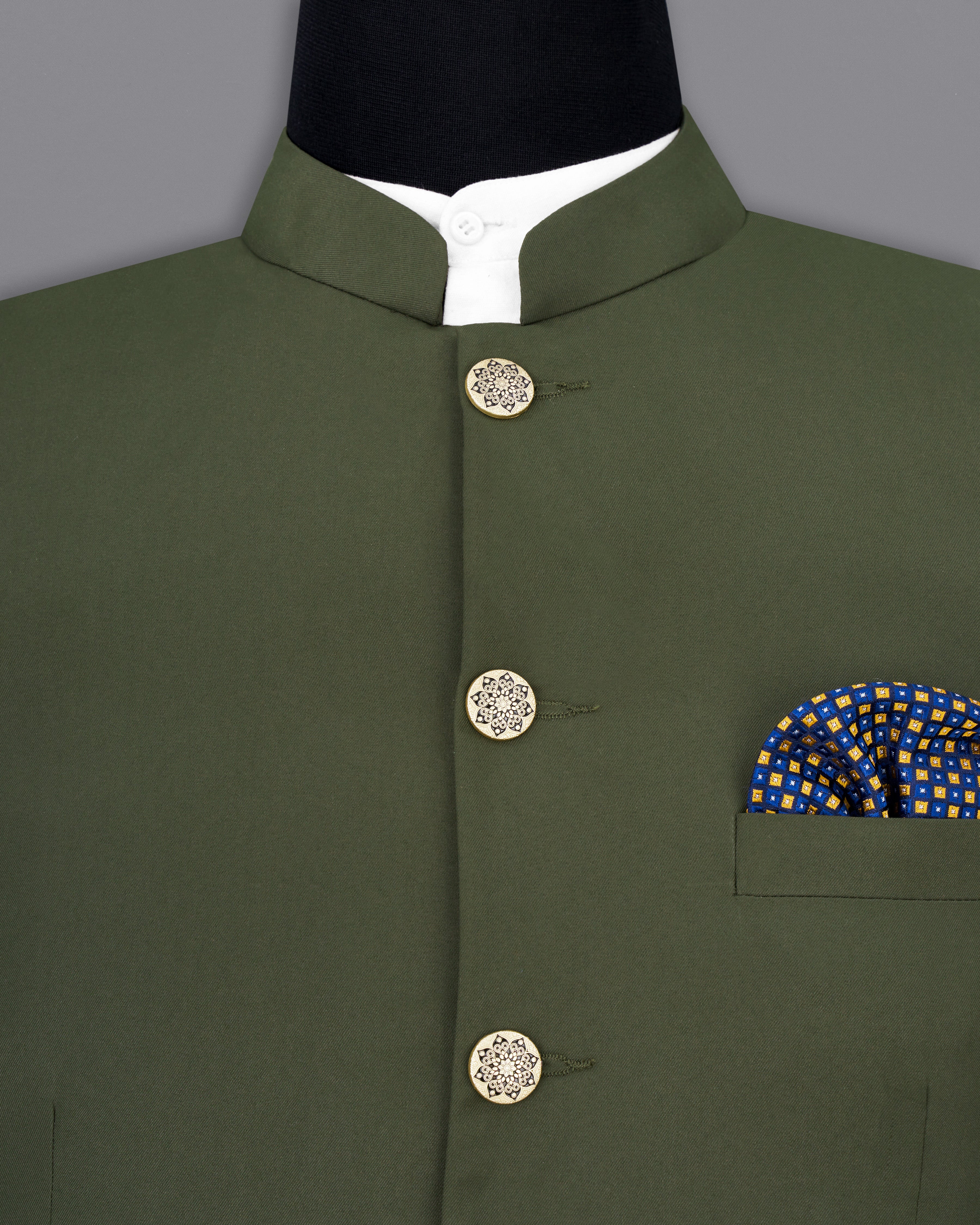 Twill Green Bandhgala Blazer BL2458-BG-36, BL2458-BG-38, BL2458-BG-40, BL2458-BG-42, BL2458-BG-44, BL2458-BG-46, BL2458-BG-48, BL2458-BG-50, BL2458-BG-52, BL2458-BG-54, BL2458-BG-56, BL2458-BG-58, BL2458-BG-60