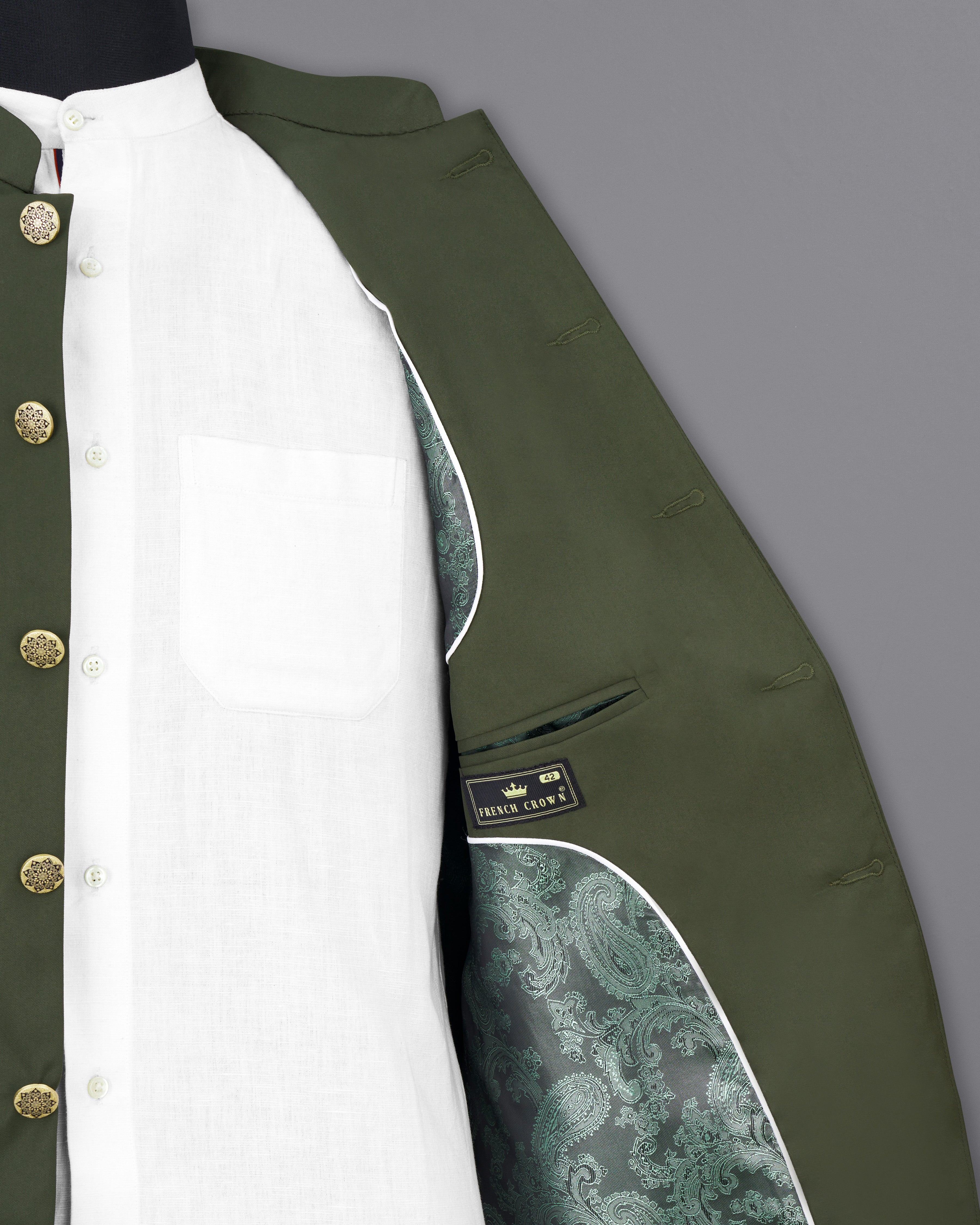 Twill Green Bandhgala Blazer BL2458-BG-36, BL2458-BG-38, BL2458-BG-40, BL2458-BG-42, BL2458-BG-44, BL2458-BG-46, BL2458-BG-48, BL2458-BG-50, BL2458-BG-52, BL2458-BG-54, BL2458-BG-56, BL2458-BG-58, BL2458-BG-60