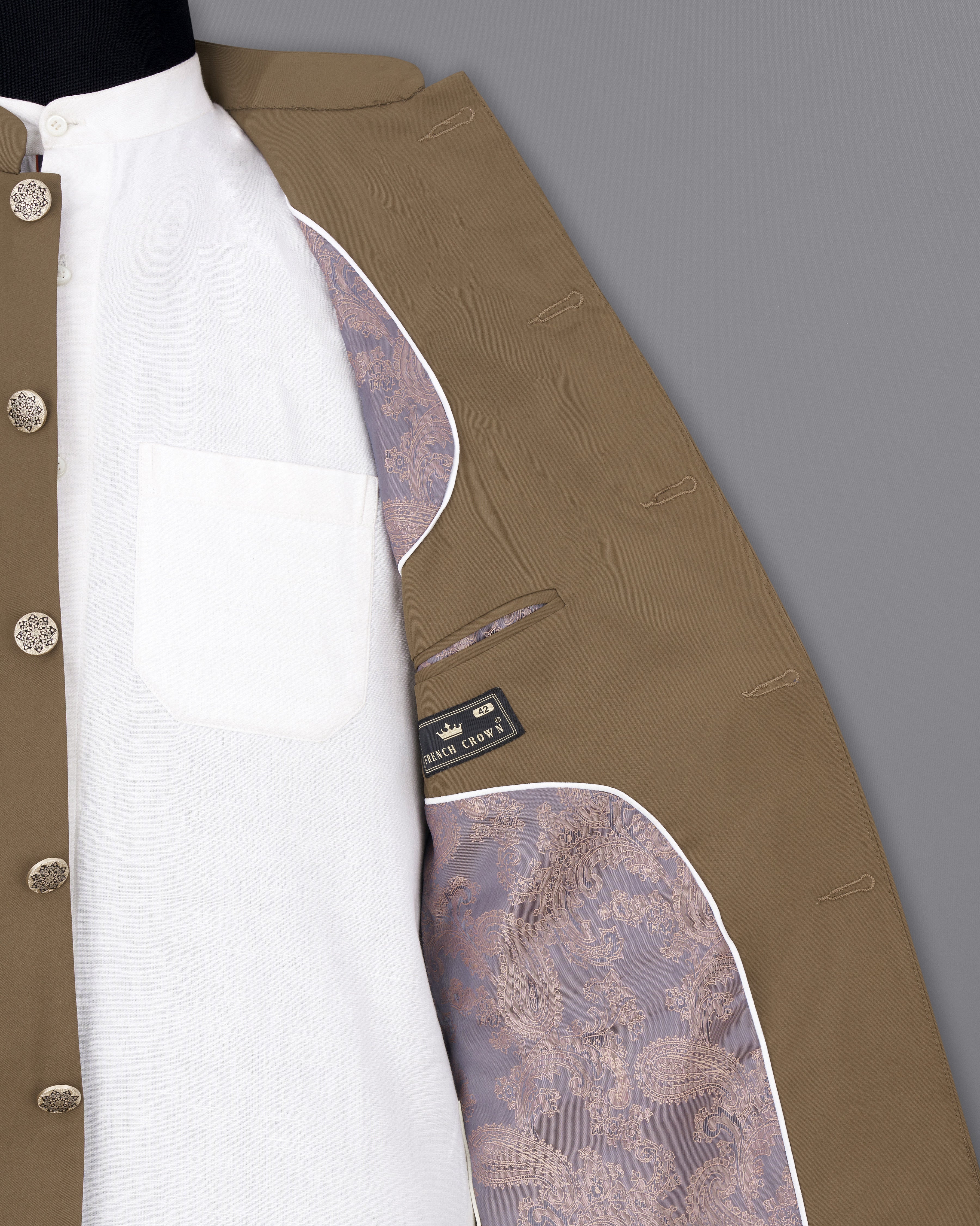 Khaki Brown Bandhgala Blazer BL2463-BG-36, BL2463-BG-38, BL2463-BG-40, BL2463-BG-42, BL2463-BG-44, BL2463-BG-46, BL2463-BG-48, BL2463-BG-50, BL2463-BG-52, BL2463-BG-54, BL2463-BG-56, BL2463-BG-58, BL2463-BG-60