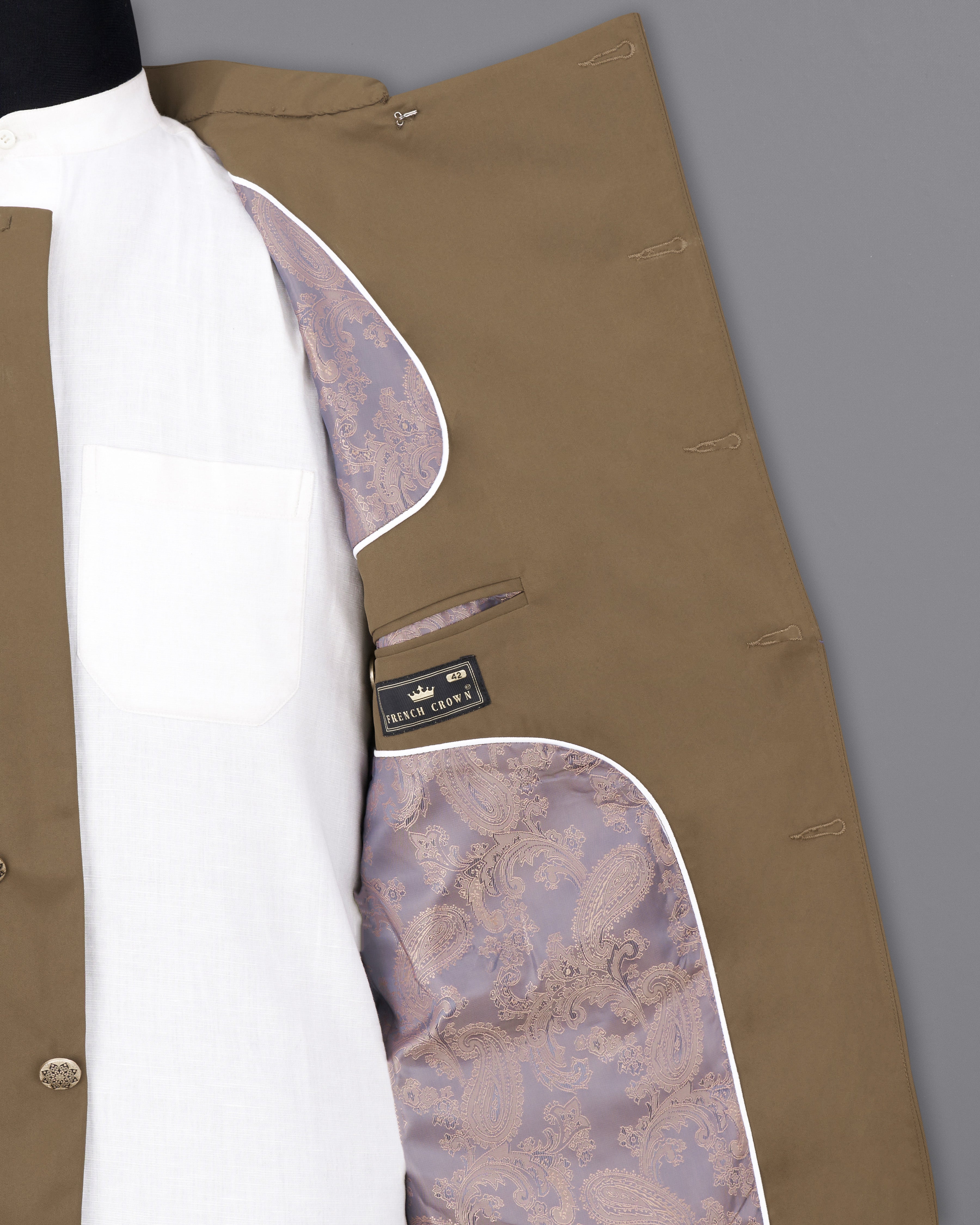 Khaki Brown Cross Buttoned Bandhgala Blazer BL2464-CBG-36, BL2464-CBG-38, BL2464-CBG-40, BL2464-CBG-42, BL2464-CBG-44, BL2464-CBG-46, BL2464-CBG-48, BL2464-CBG-50, BL2464-CBG-52, BL2464-CBG-54, BL2464-CBG-56, BL2464-CBG-58, BL2464-CBG-60