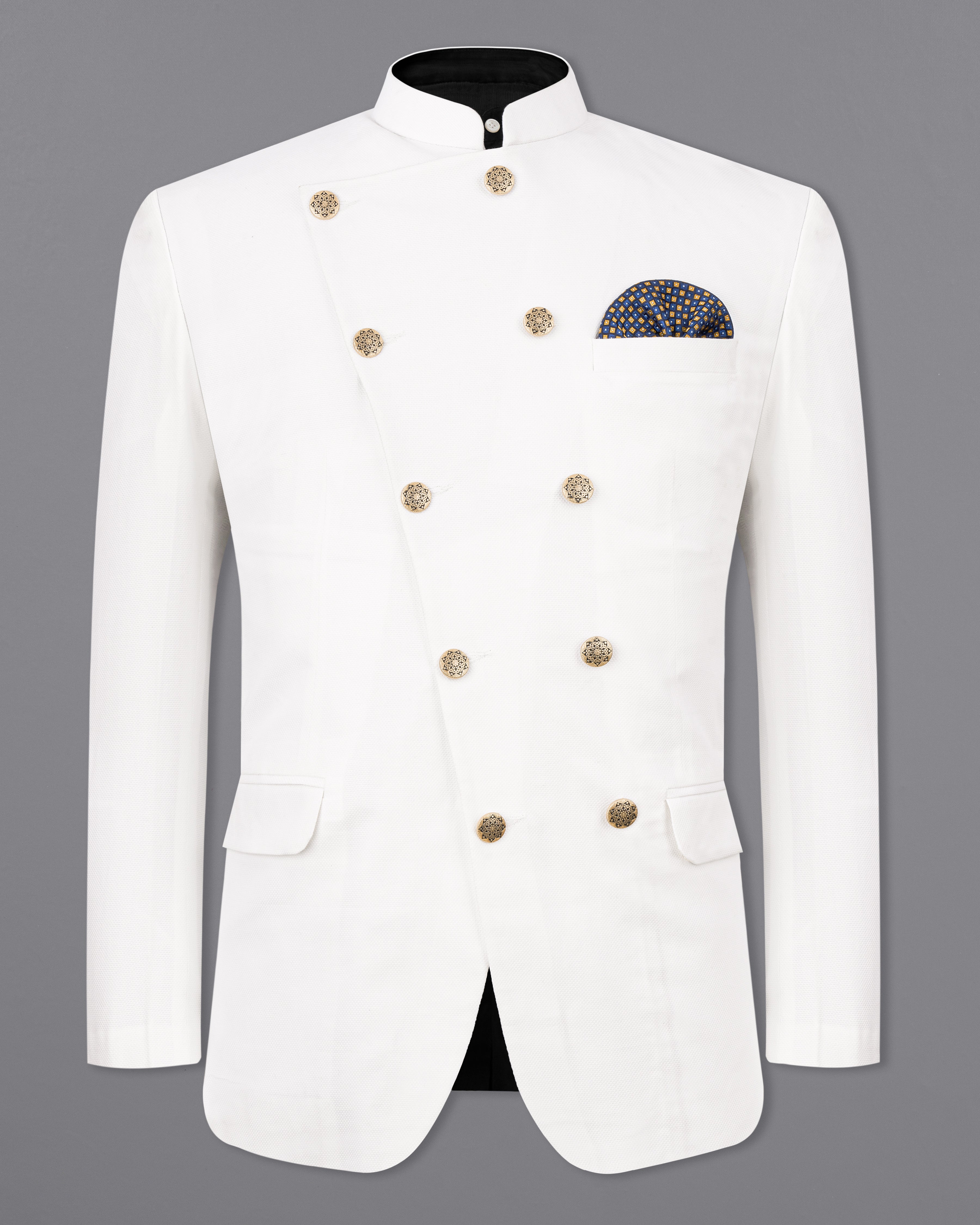 Bright White Cross Buttoned Premium Cotton Bandhgala Blazer BL2487-CBG3-36, BL2487-CBG3-38, BL2487-CBG3-40, BL2487-CBG3-42, BL2487-CBG3-44, BL2487-CBG3-46, BL2487-CBG3-48, BL2487-CBG3-50, BL2487-CBG3-52, BL2487-CBG3-54, BL2487-CBG3-56, BL2487-CBG3-58, BL2487-CBG3-60
