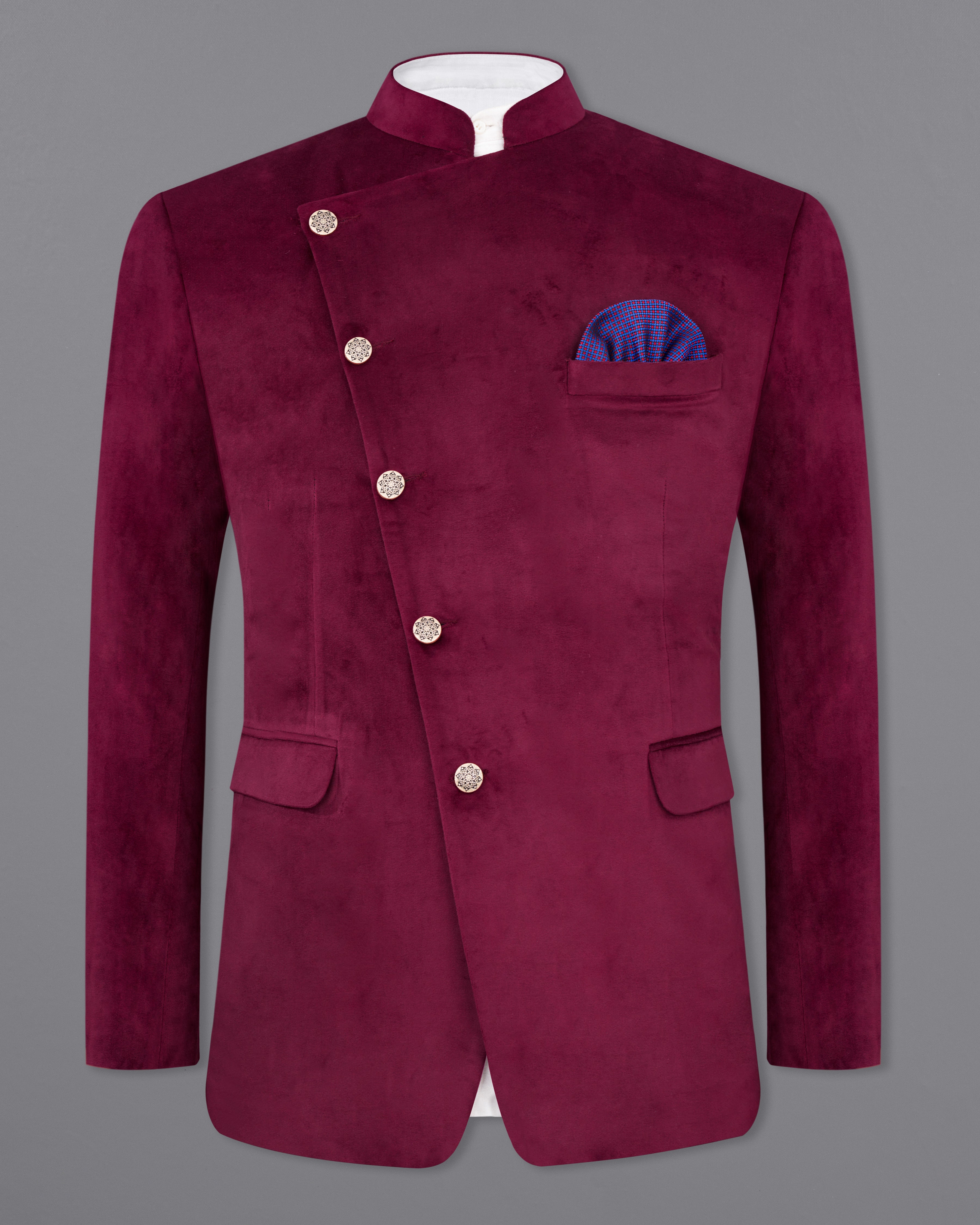 Barossa Maroon Cross Buttoned Bandhgala Velvet Blazer BL2587-CBG-36,BL2587-CBG-38,BL2587-CBG-40,BL2587-CBG-42,BL2587-CBG-44,BL2587-CBG-46,BL2587-CBG-48,BL2587-CBG-50,,BL2587-CBG-52,BL2587-CBG-54,BL2587-CBG-56,BL2587-CBG-58,BL2587-CBG-60
