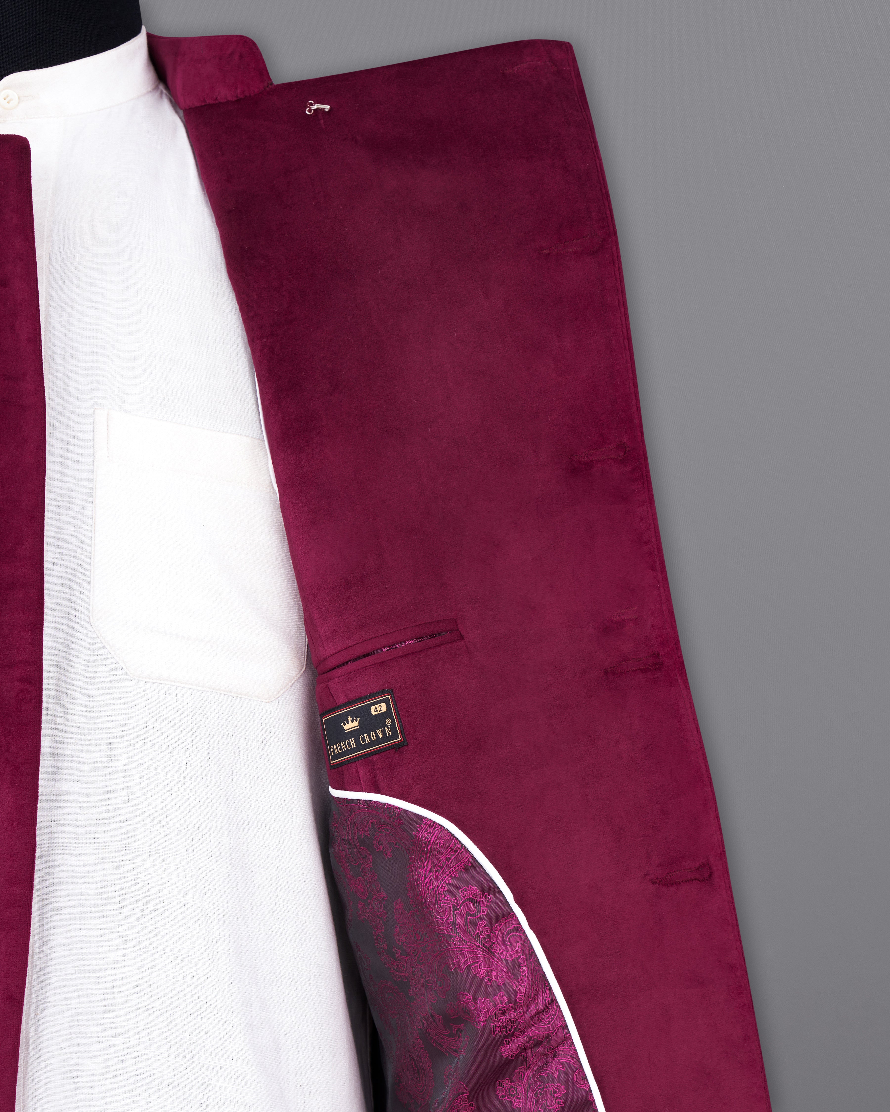 Barossa Maroon Cross Buttoned Bandhgala Velvet Blazer BL2587-CBG-36,BL2587-CBG-38,BL2587-CBG-40,BL2587-CBG-42,BL2587-CBG-44,BL2587-CBG-46,BL2587-CBG-48,BL2587-CBG-50,,BL2587-CBG-52,BL2587-CBG-54,BL2587-CBG-56,BL2587-CBG-58,BL2587-CBG-60