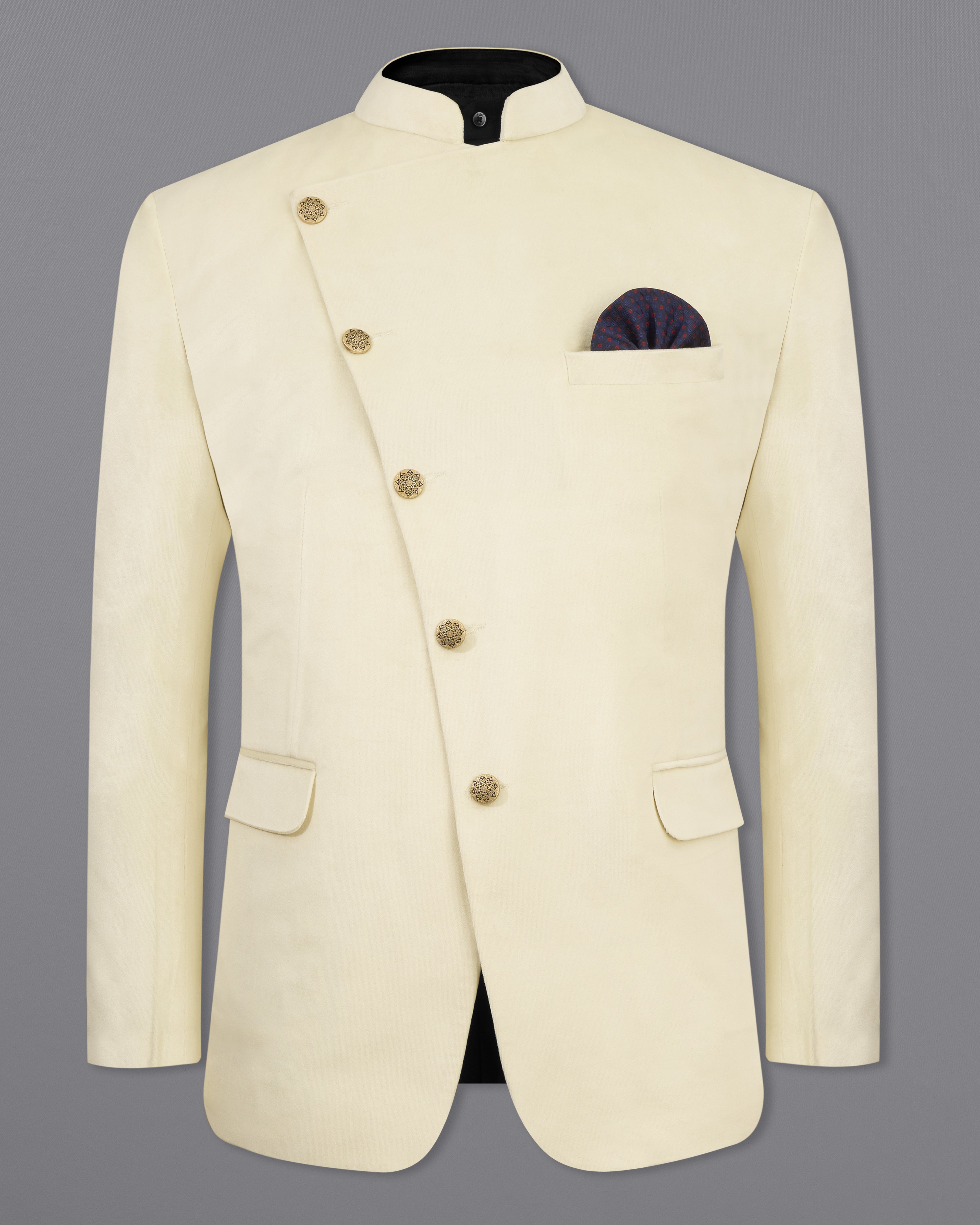 Eggshell Cream Cross Buttoned Bandhgala Velvet Blazer BL2590-CBG-36,BL2590-CBG-38,BL2590-CBG-40,BL2590-CBG-42,BL2590-CBG-44,BL2590-CBG-46,BL2590-CBG-48,BL2590-CBG-50,,BL2590-CBG-52,BL2590-CBG-54,BL2590-CBG-56,BL2590-CBG-58,BL2590-CBG-60