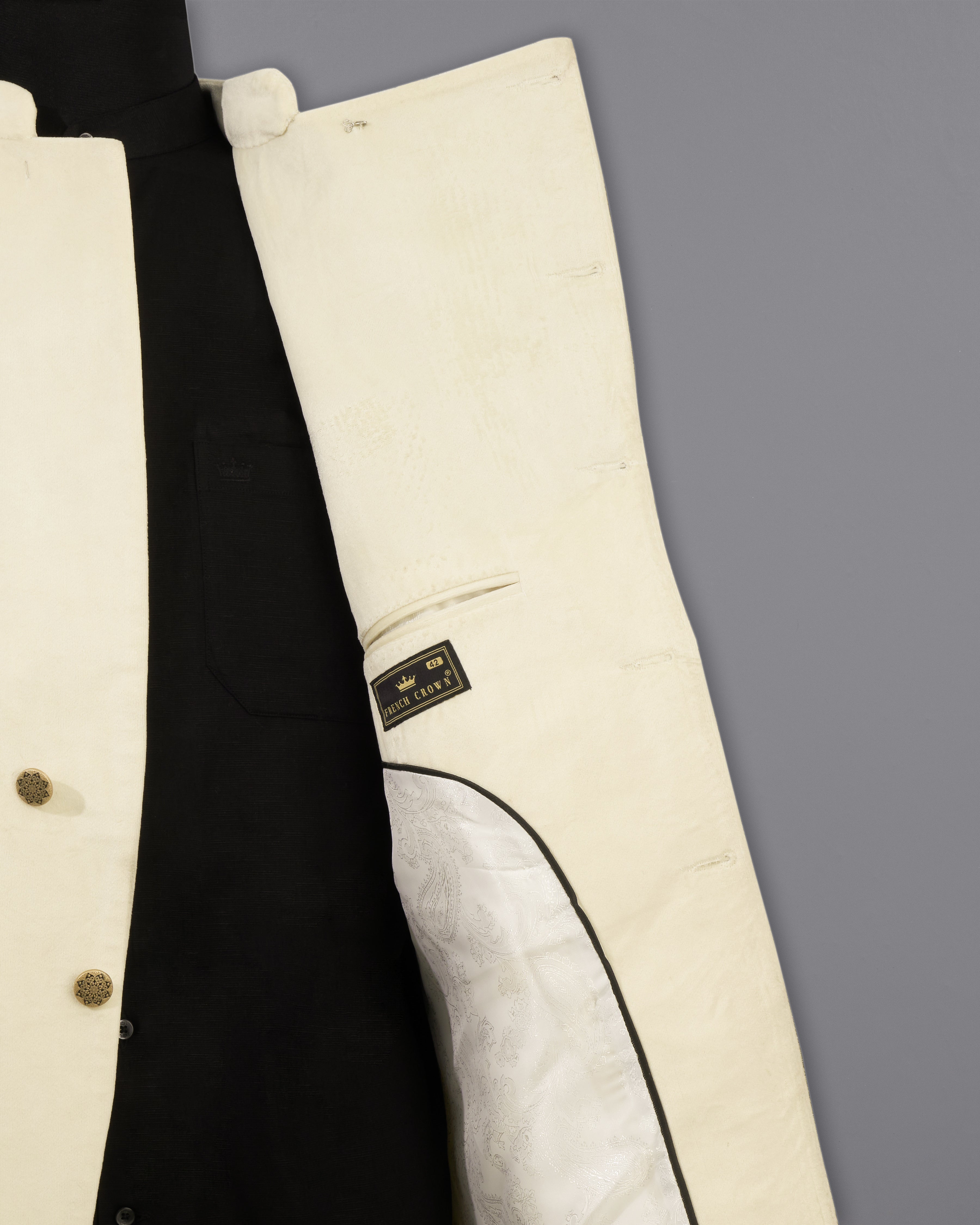 Eggshell Cream Cross Buttoned Bandhgala Velvet Blazer BL2590-CBG-36,BL2590-CBG-38,BL2590-CBG-40,BL2590-CBG-42,BL2590-CBG-44,BL2590-CBG-46,BL2590-CBG-48,BL2590-CBG-50,,BL2590-CBG-52,BL2590-CBG-54,BL2590-CBG-56,BL2590-CBG-58,BL2590-CBG-60