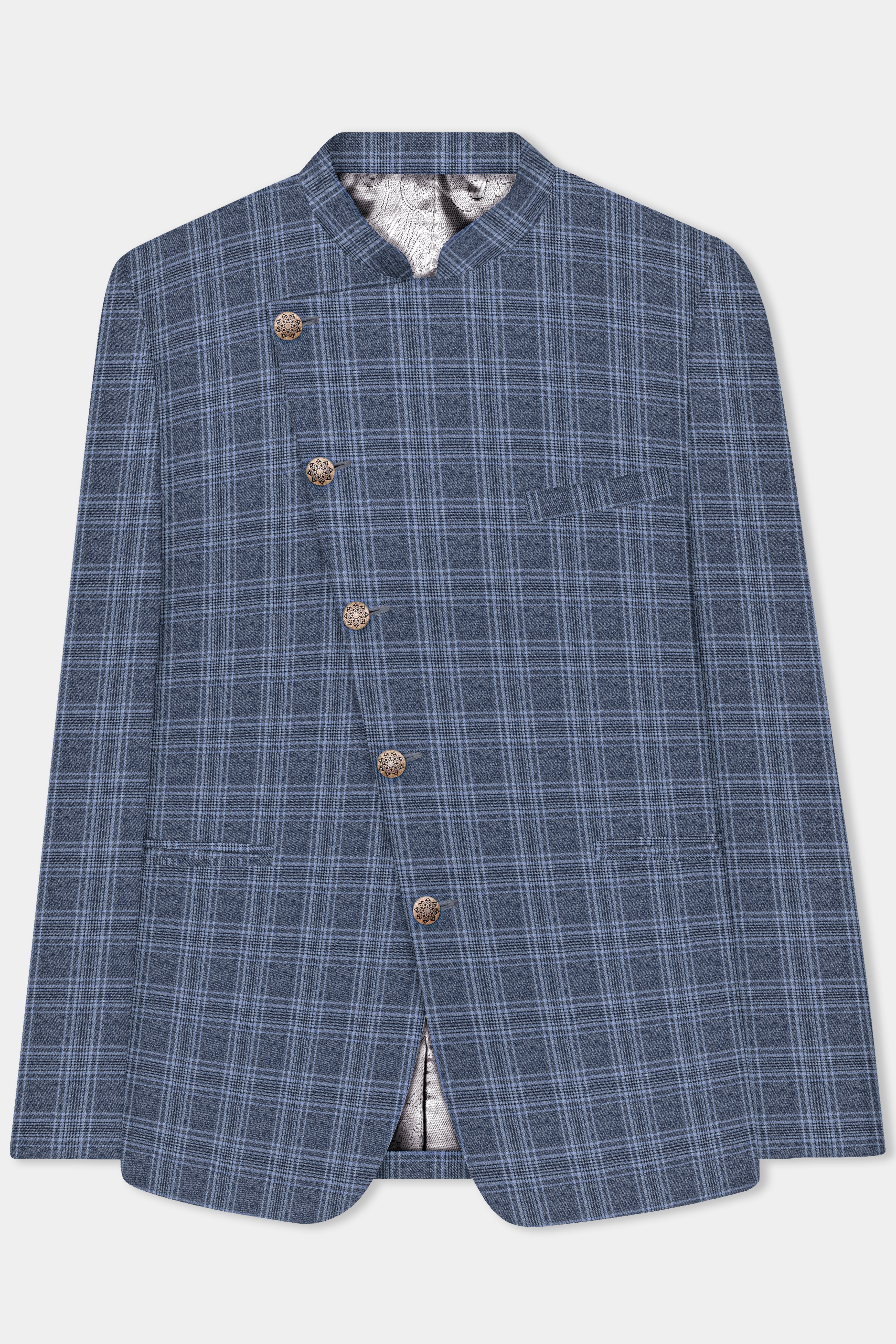 Dolphin And Casper Blue Checkered Cross Placket Bandhgala Wool Rich Blazer