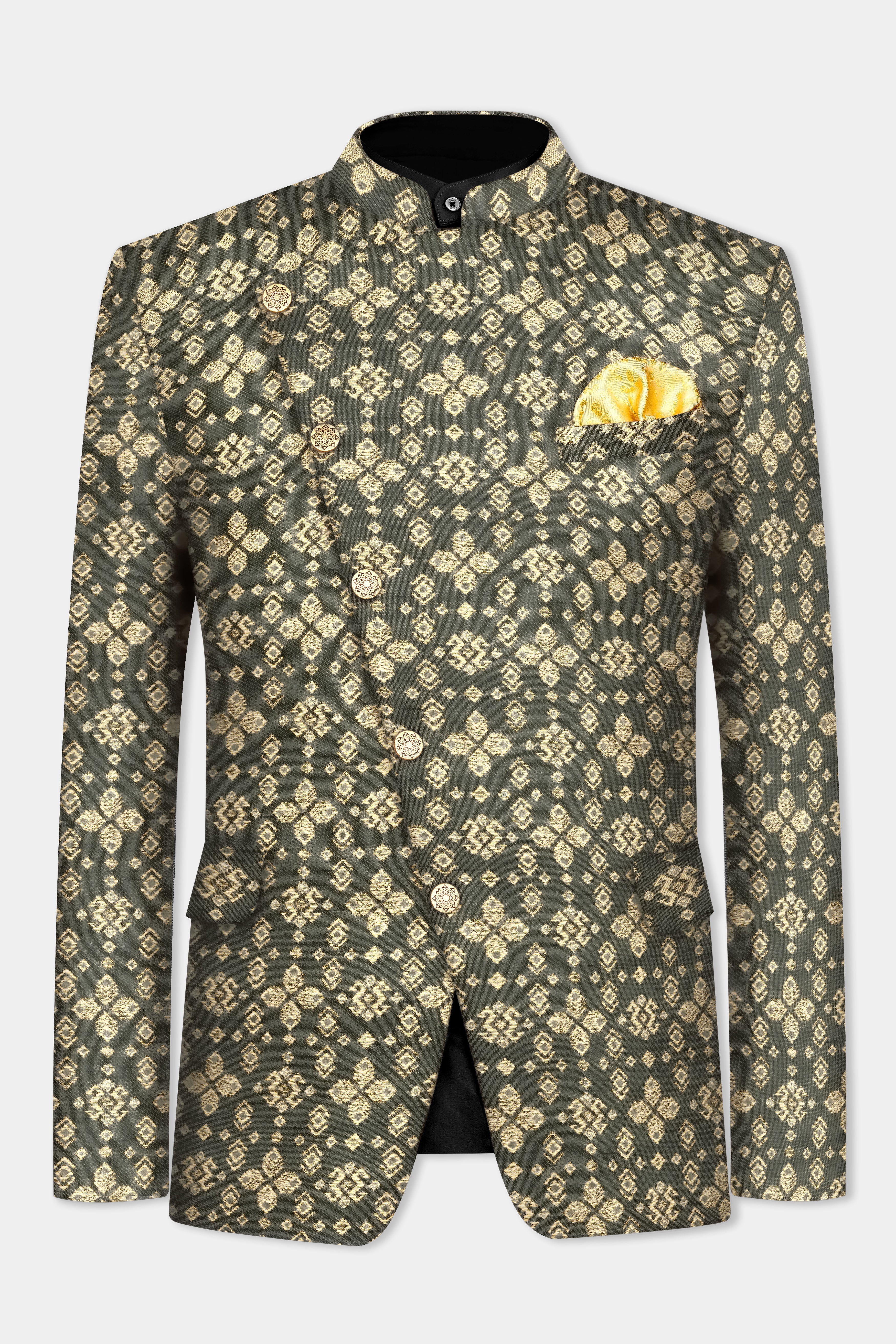 Kelp Green and Fawn Brown Jacquard Weave Cross Buttoned Bandhgala Jodhpuri BL3499-CBG-36, BL3499-CBG-38, BL3499-CBG-40, BL3499-CBG-42, BL3499-CBG-44, BL3499-CBG-46, BL3499-CBG-49, BL3499-CBG-50, BL3499-CBG-52, BL3499-CBG-54, BL3499-CBG-56, BL3499-CBG-58, BL3499-CBG-60