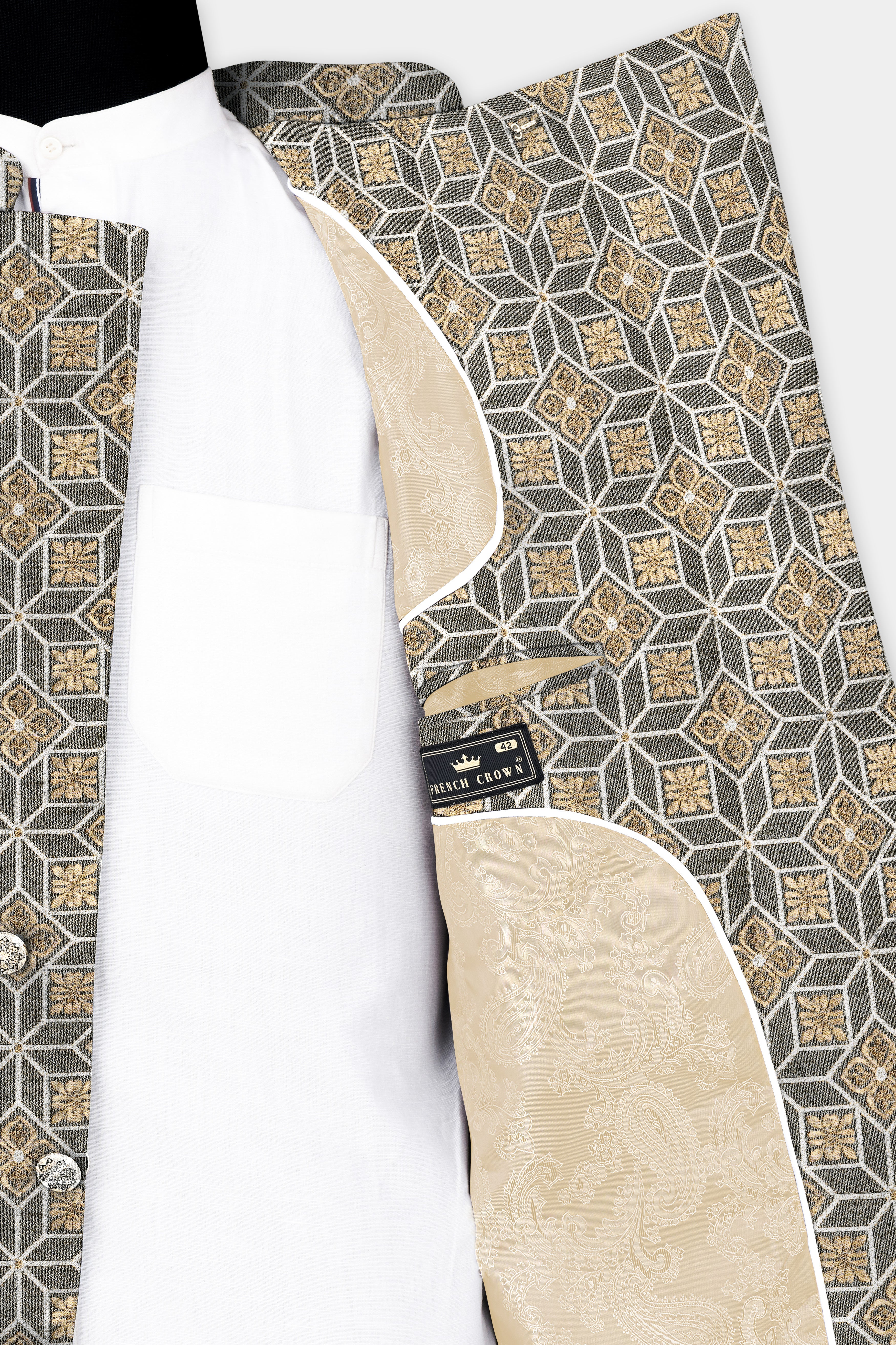 Friar Gray and Pavlova Brown Geometric Pattern Jacquard Weave Cross Buttoned Bandhgala Jodhpuri BL3501-CBG-36, BL3501-CBG-38, BL3501-CBG-40, BL3501-CBG-42, BL3501-CBG-44, BL3501-CBG-46, BL3501-CBG-50, BL3501-CBG-50, BL3501-CBG-52, BL3501-CBG-54, BL3501-CBG-56, BL3501-CBG-58, BL3501-CBG-60