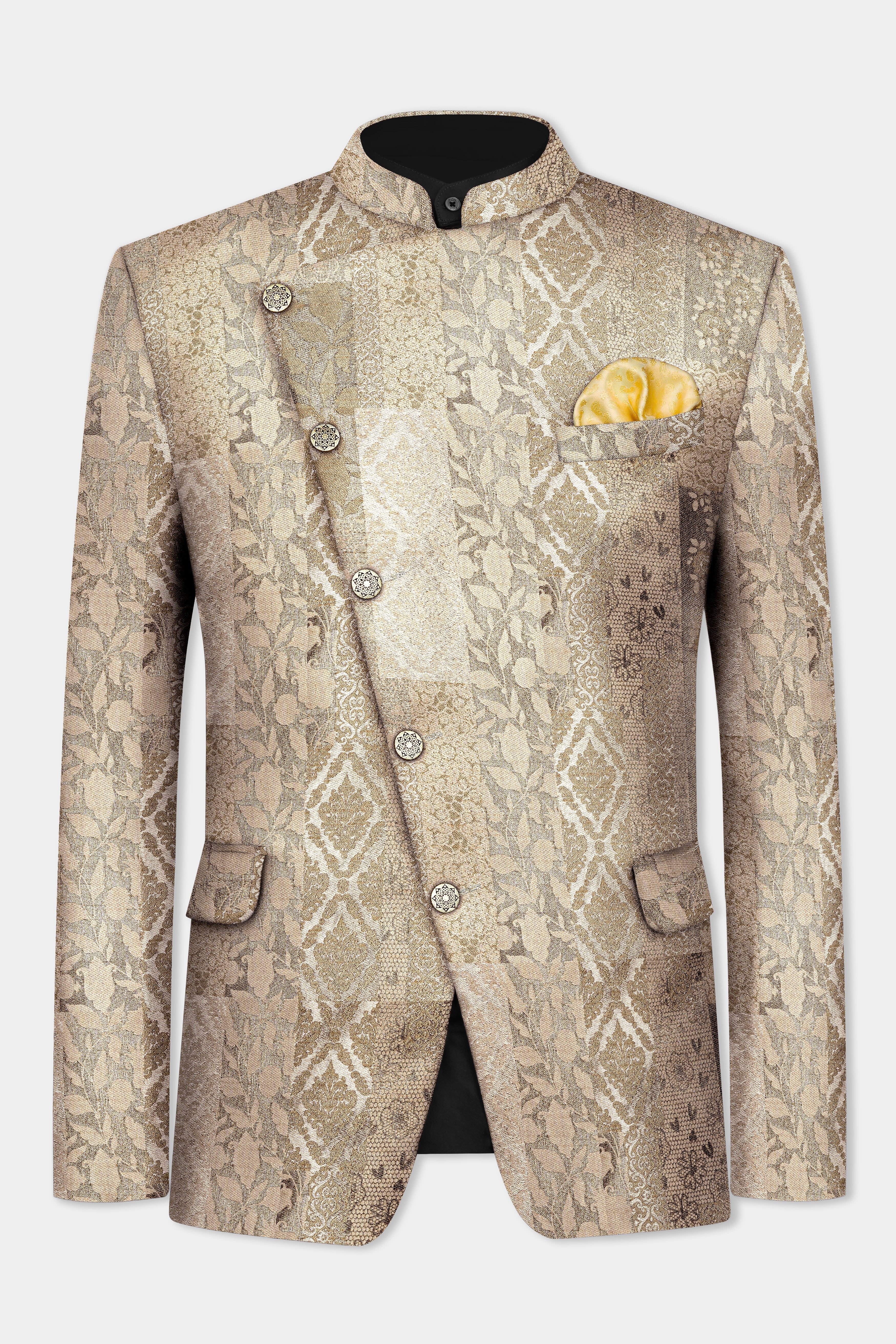 Cashmere and Sandrift Brown Jacquard Floral Weave Cross Buttoned Bandhgala Jodhpuri BL3502-CBG-36, BL3502-CBG-38, BL3502-CBG-40, BL3502-CBG-42, BL3502-CBG-44, BL3502-CBG-46, BL3502-CBG-50, BL3502-CBG-50, BL3502-CBG-52, BL3502-CBG-54, BL3502-CBG-56, BL3502-CBG-58, BL3502-CBG-60