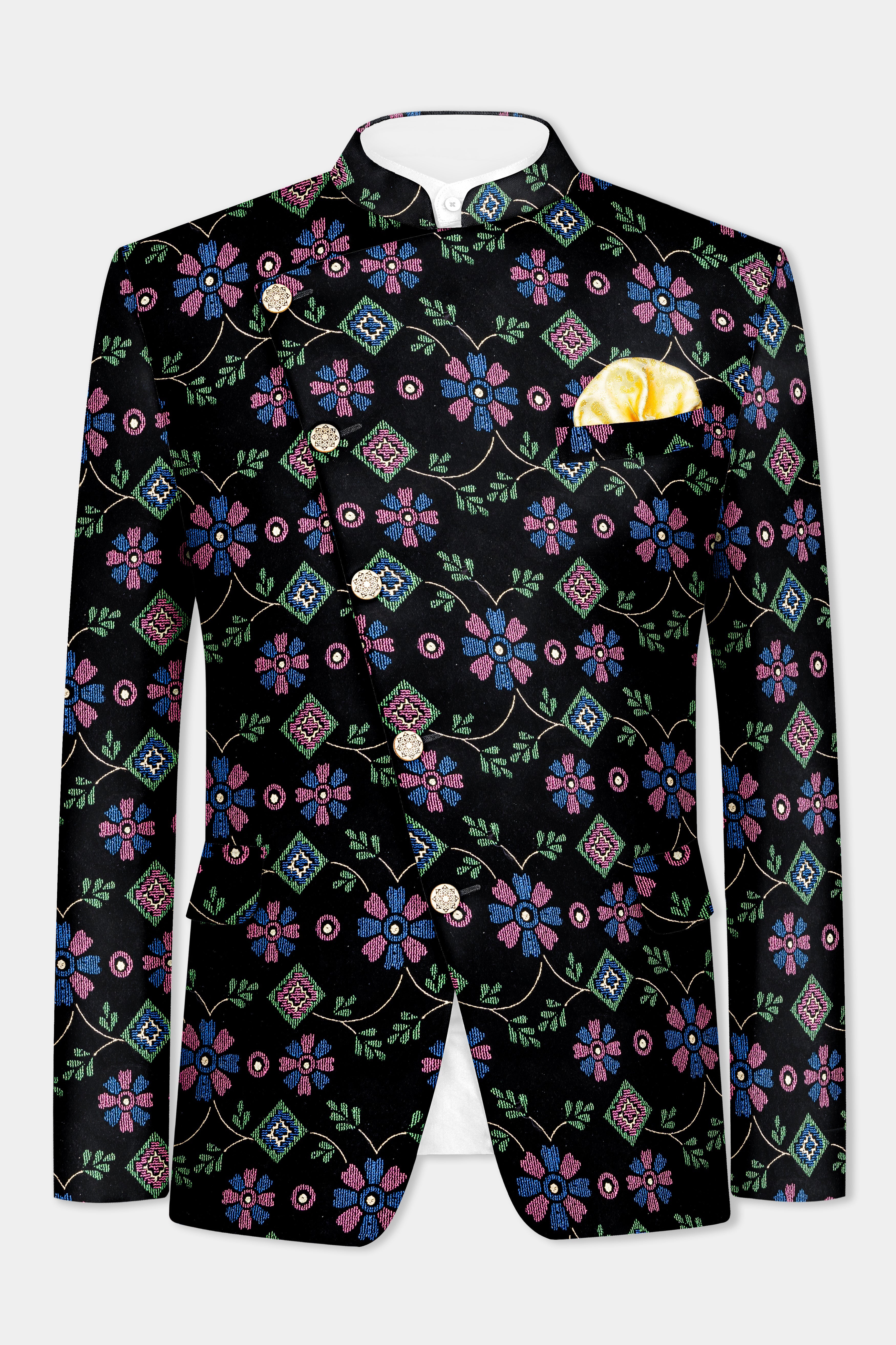 Jade Black and Glade Green Multicolour Floral Jacquard Weave Cross Buttoned Bandhgala Jodhpuri BL3532-CBG-36, BL3532-CBG-38, BL3532-CBG-40, BL3532-CBG-42, BL3532-CBG-44, BL3532-CBG-46, BL3532-CBG-53, BL3532-CBG-50, BL3532-CBG-52, BL3532-CBG-54, BL3532-CBG-56, BL3532-CBG-58, BL3532-CBG-60