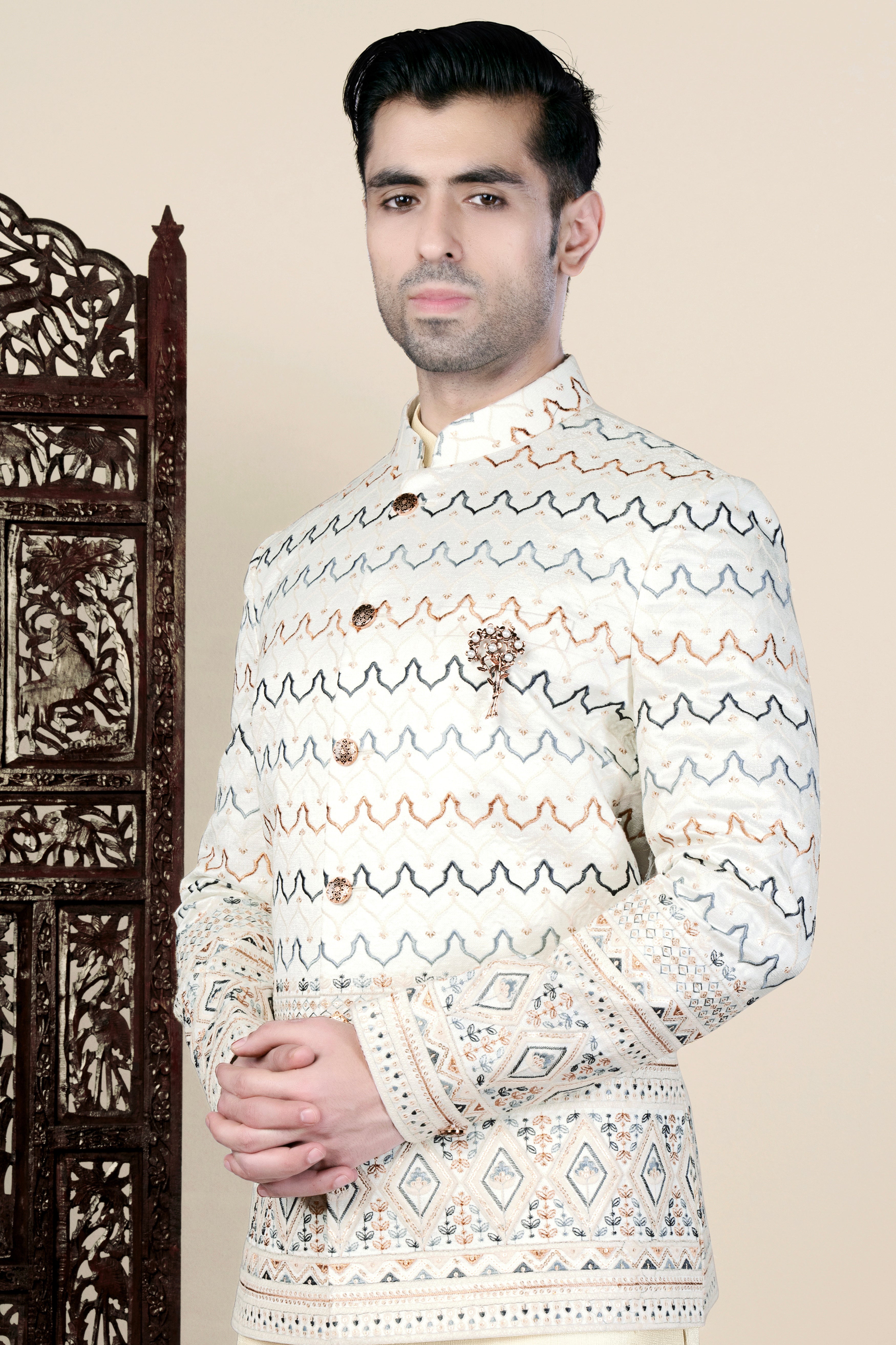 Bianca Cream and Casper Blue Thread Embroidered Bandhgala Jodhpuri BL3536-BG-36, BL3536-BG-38, BL3536-BG-40, BL3536-BG-42, BL3536-BG-44, BL3536-BG-46, BL3536-BG-48, BL3536-BG-50, BL3536-BG-52, BL3536-BG-54, BL3536-BG-56, BL3536-BG-58, BL3536-BG-60