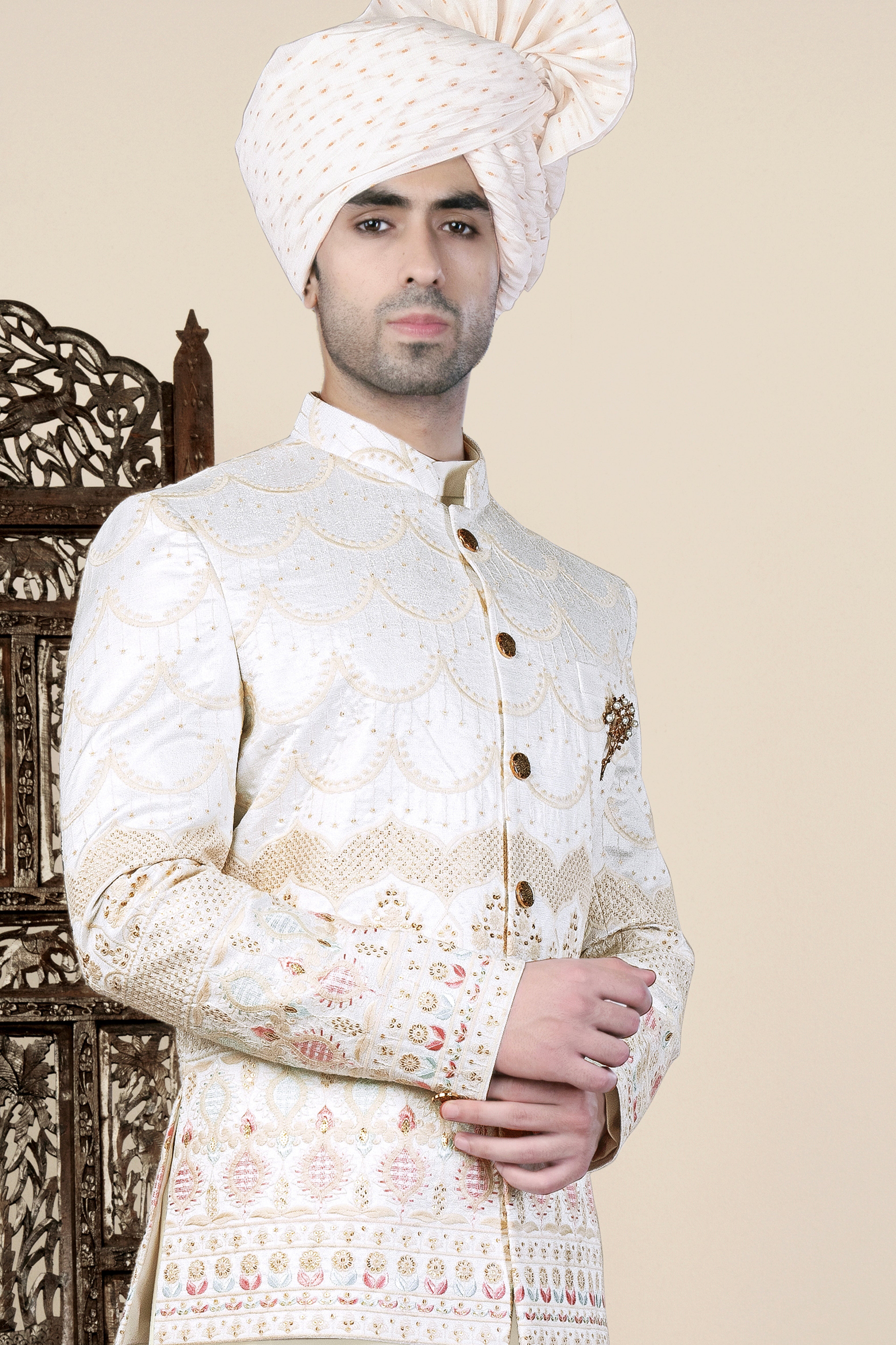 Sand Cream Sequin and Thread Embroidered Bandhgala Jodhpuri BL3539-BG-36, BL3539-BG-38, BL3539-BG-40, BL3539-BG-42, BL3539-BG-44, BL3539-BG-46, BL3539-BG-48, BL3539-BG-50, BL3539-BG-52, BL3539-BG-54, BL3539-BG-56, BL3539-BG-58, BL3539-BG-60