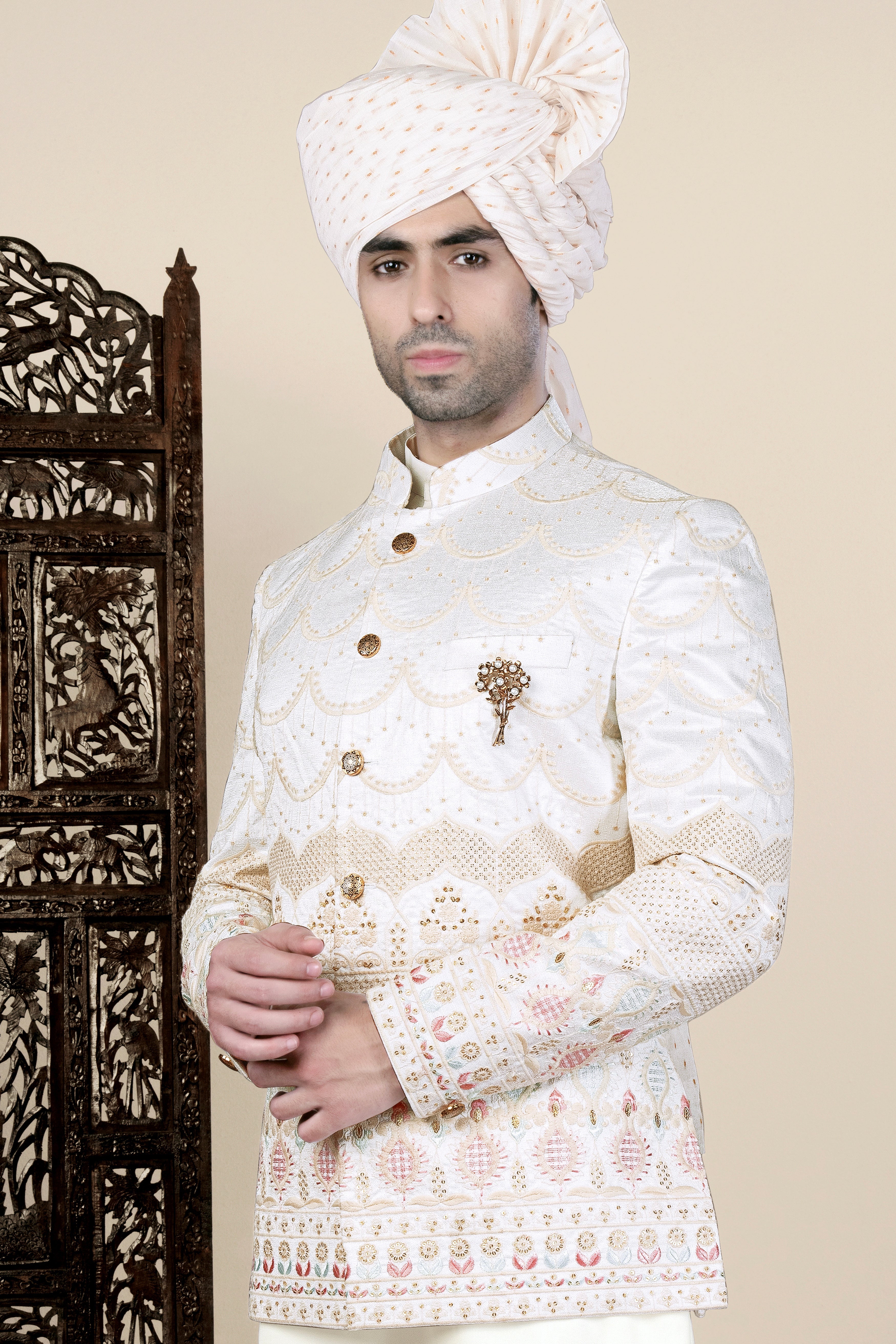 Sand Cream Sequin and Thread Embroidered Bandhgala Jodhpuri BL3539-BG-36, BL3539-BG-38, BL3539-BG-40, BL3539-BG-42, BL3539-BG-44, BL3539-BG-46, BL3539-BG-48, BL3539-BG-50, BL3539-BG-52, BL3539-BG-54, BL3539-BG-56, BL3539-BG-58, BL3539-BG-60