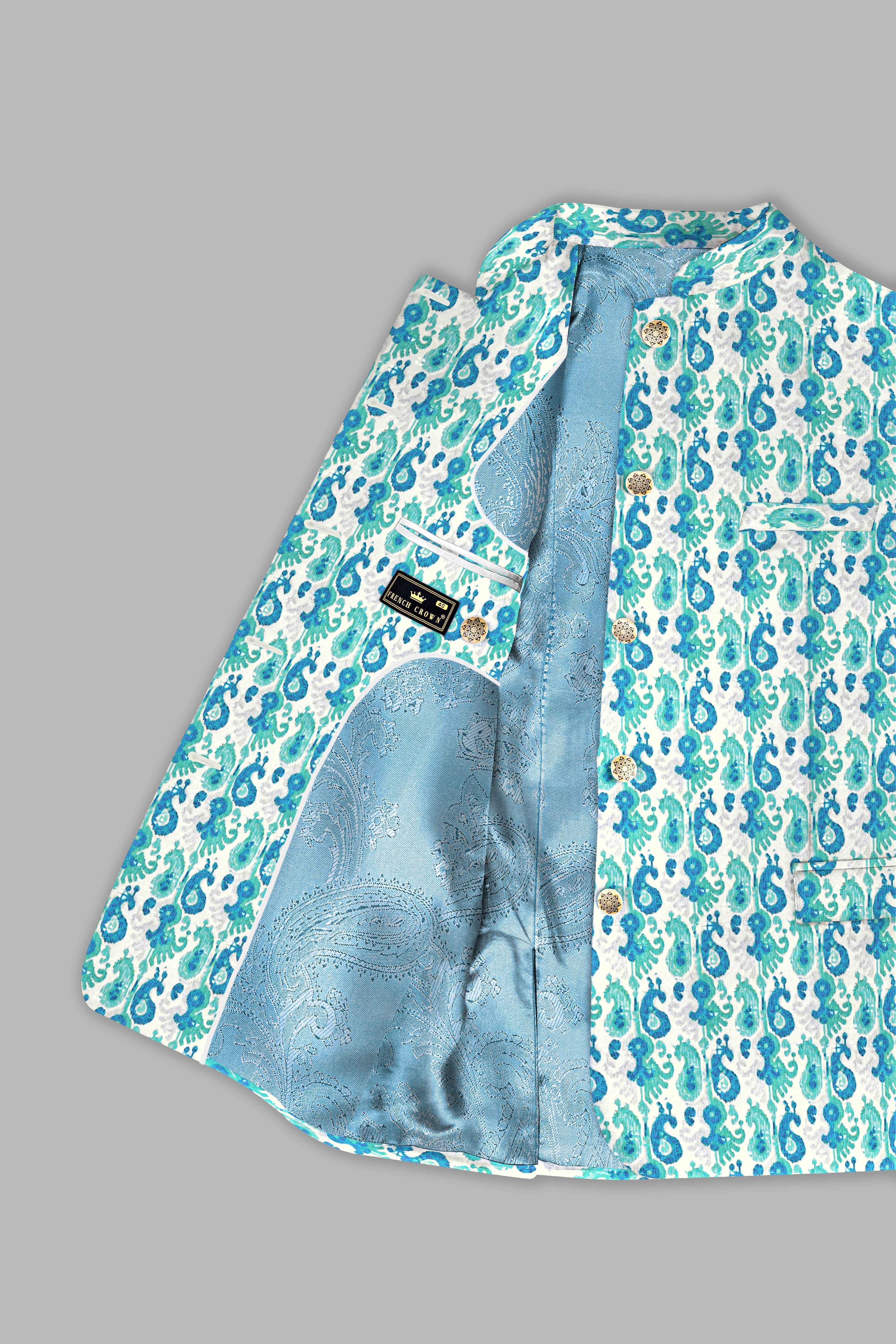 Bright White And Curious Blue Designer Thread Embroidered Bandhgala Jodhpuri
