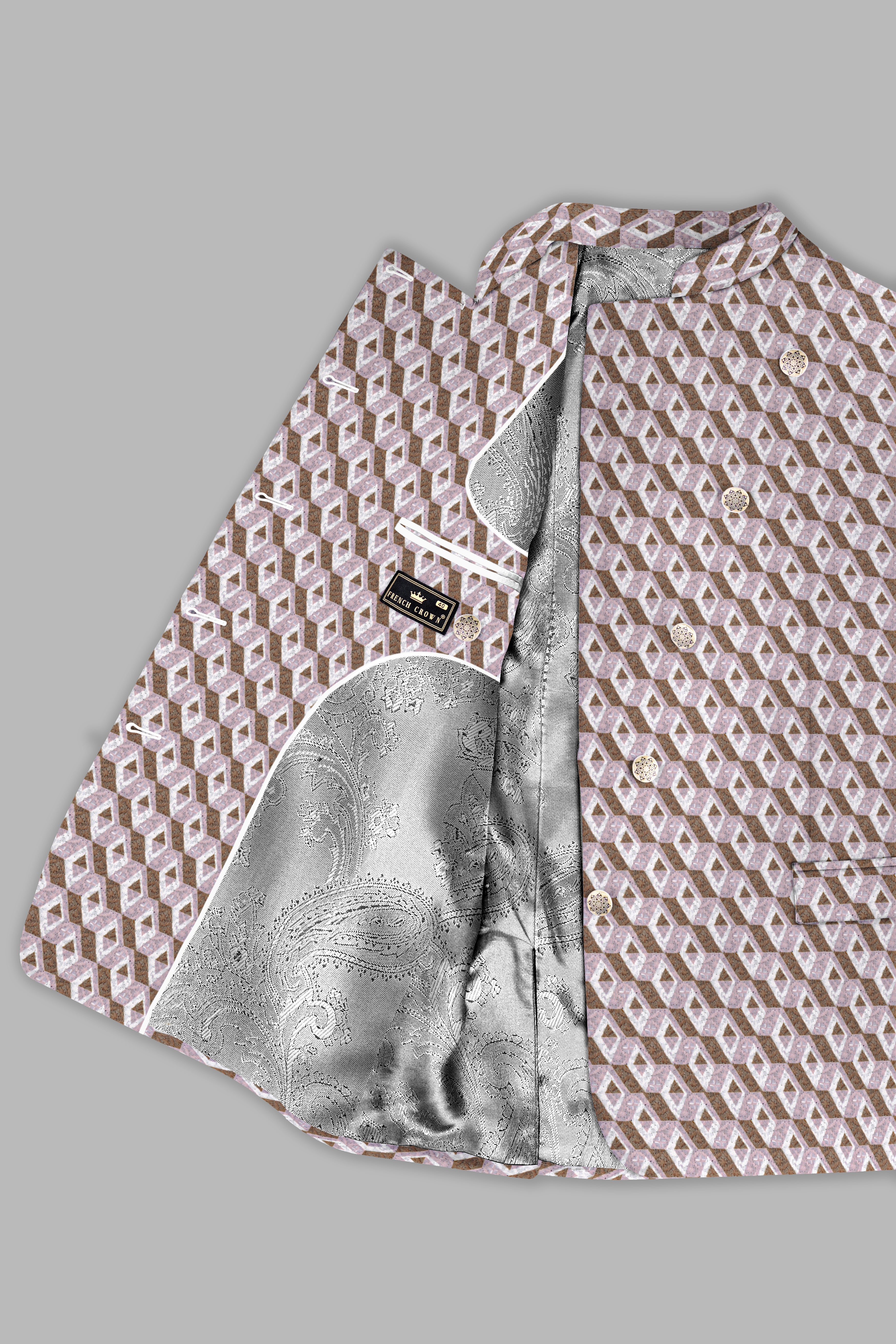 Clam Shell Pink And Roman Coffee Brown 3D Box Quilt Embroidered Cross Placket Bandhgala