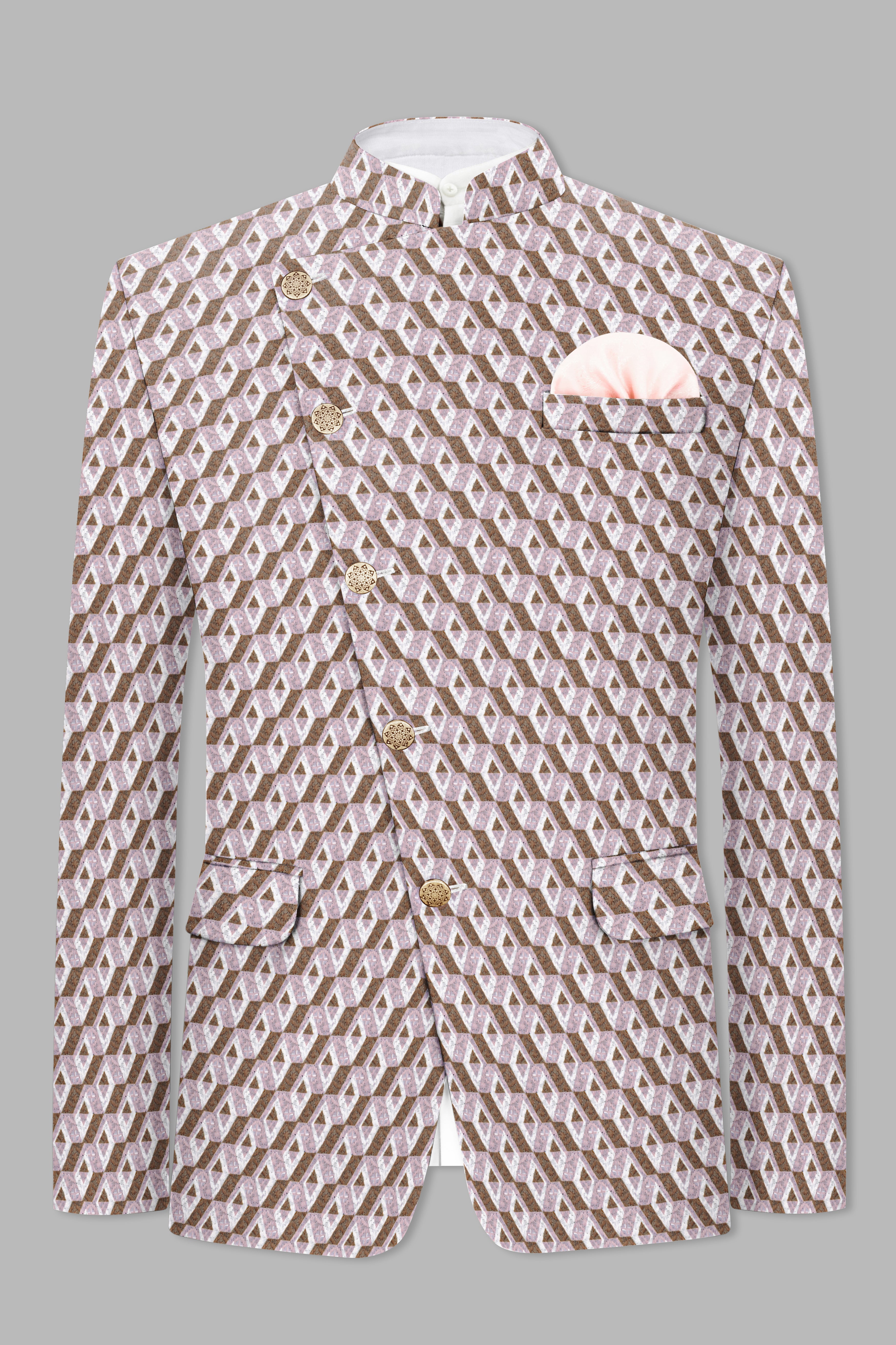 Clam Shell Pink And Roman Coffee Brown 3D Box Quilt Embroidered Cross Placket Bandhgala
