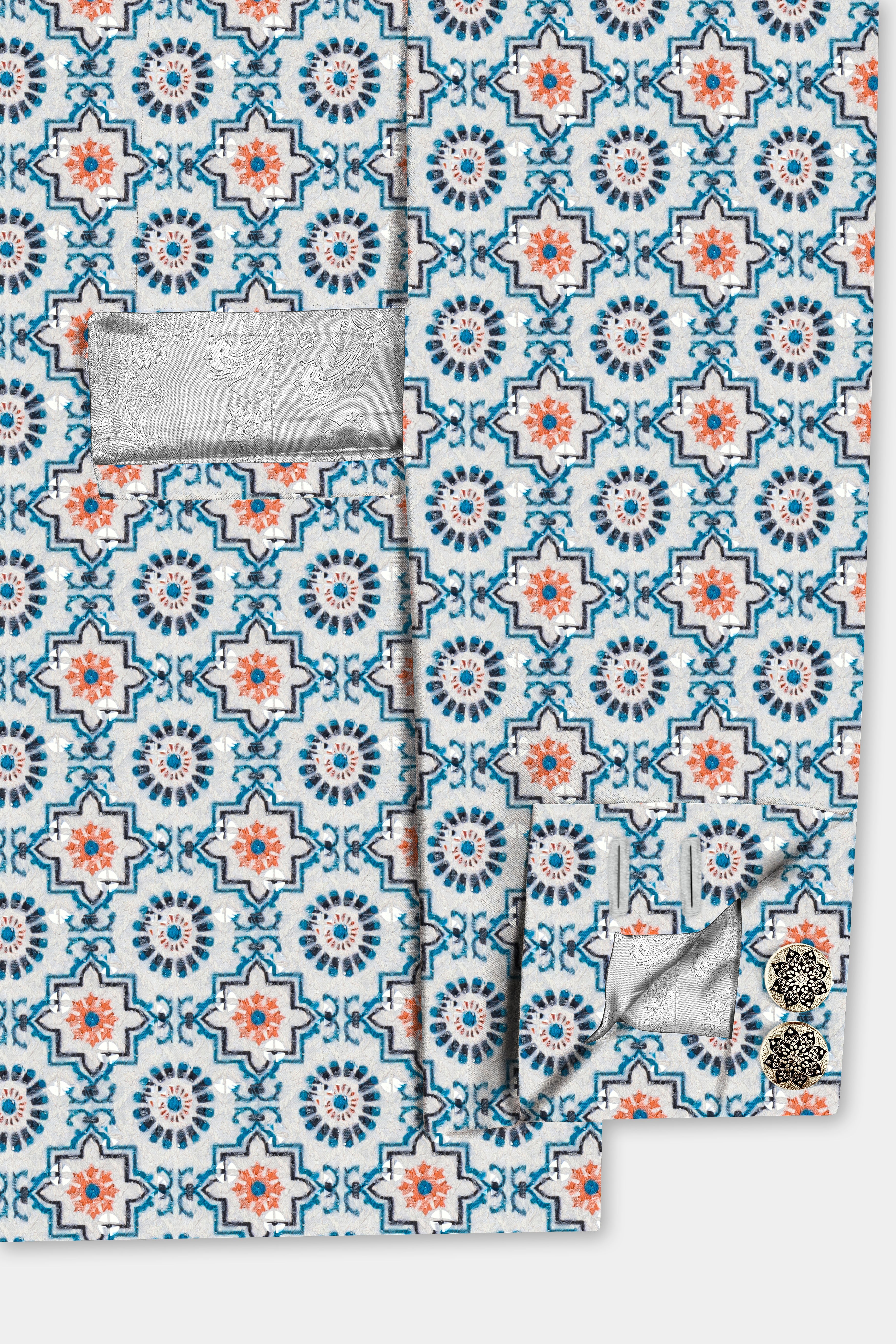Persian Blue And Crusta Orange hexagon Thread Embroidered Cross Placket Bandhgala Jodhpuri