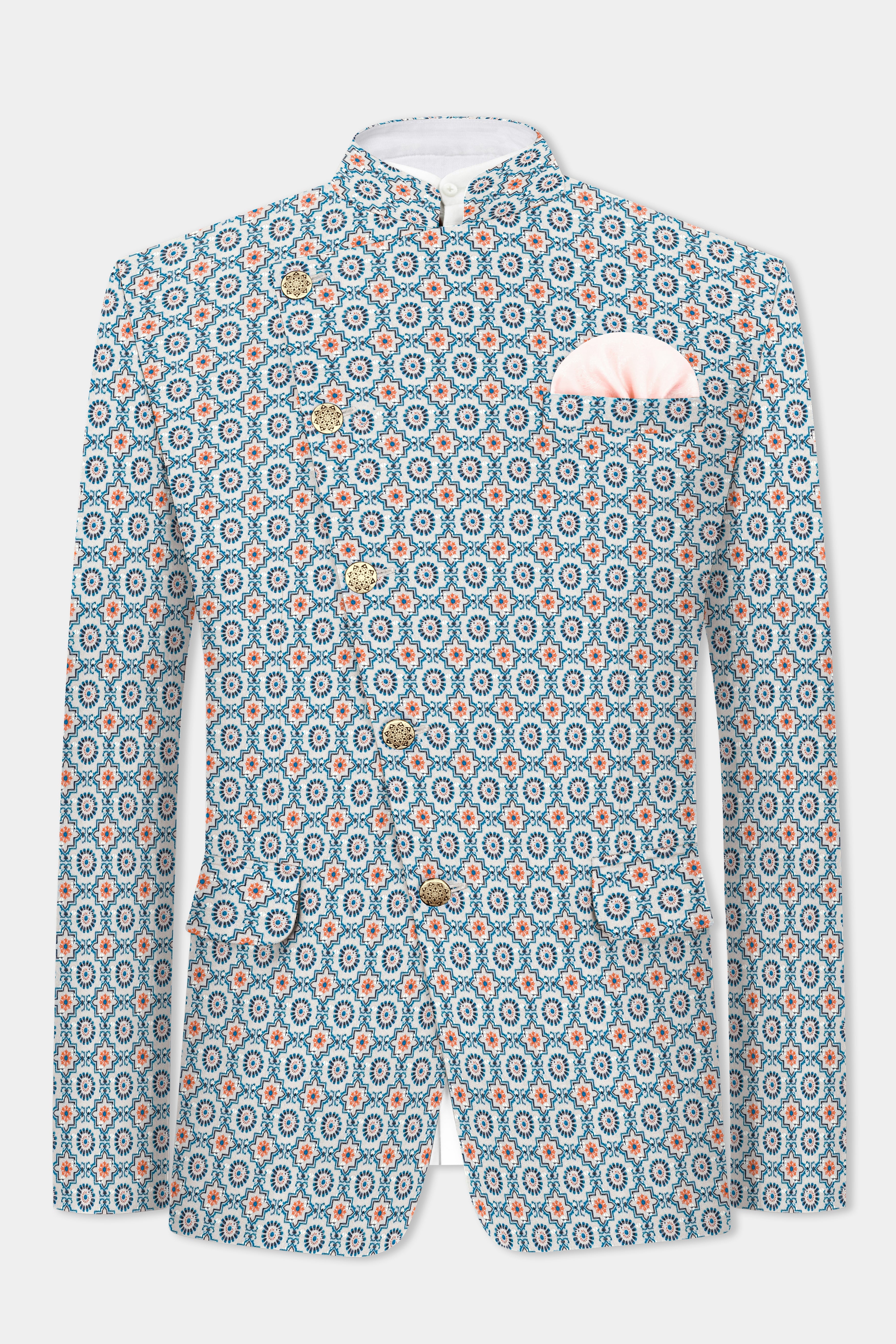 Persian Blue And Crusta Orange hexagon Thread Embroidered Cross Placket Bandhgala Jodhpuri