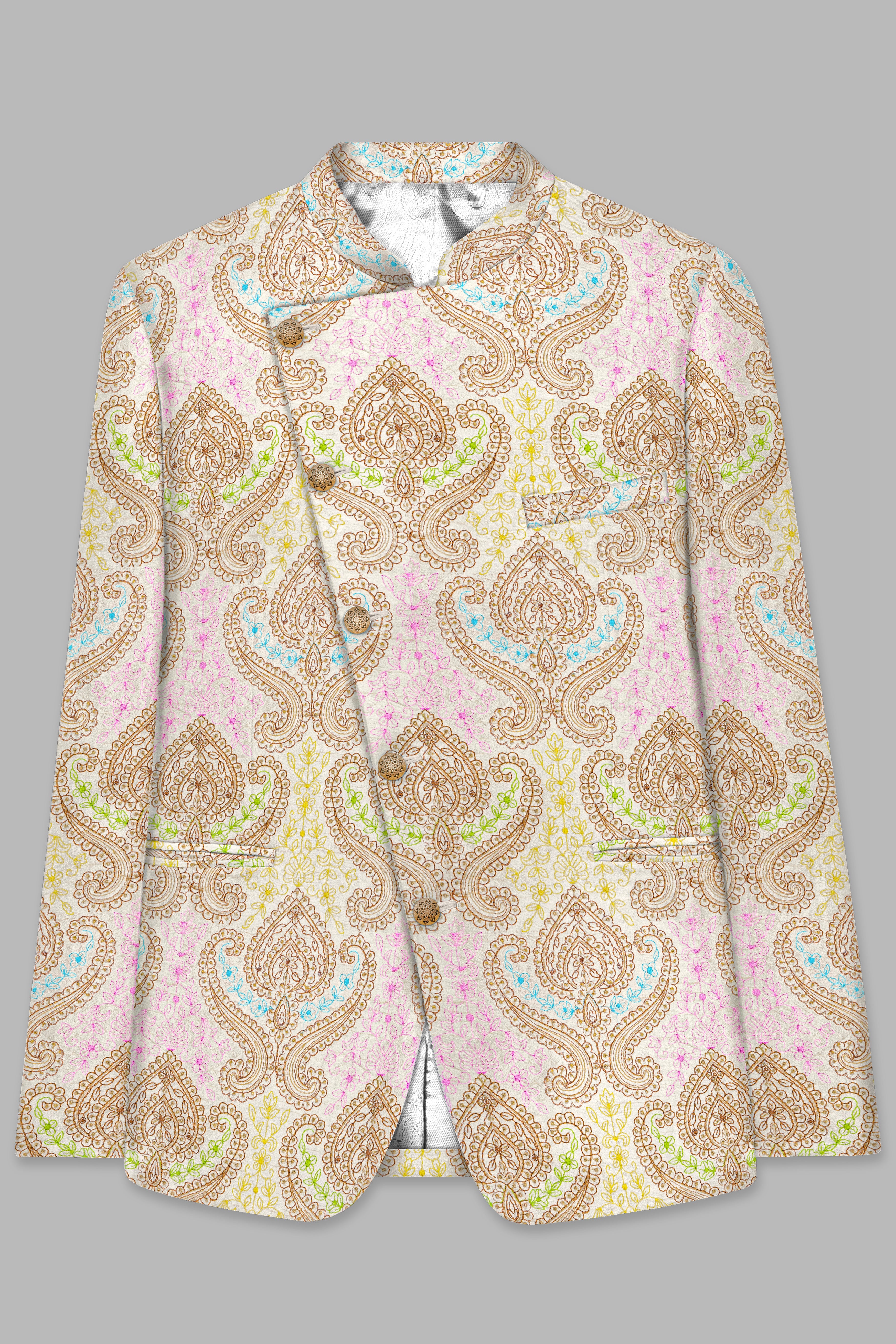 Neon Fuchsia Pink And Starship Yellow MultiColour Embroidered Cross Placket Bandhgala Jodhpuri