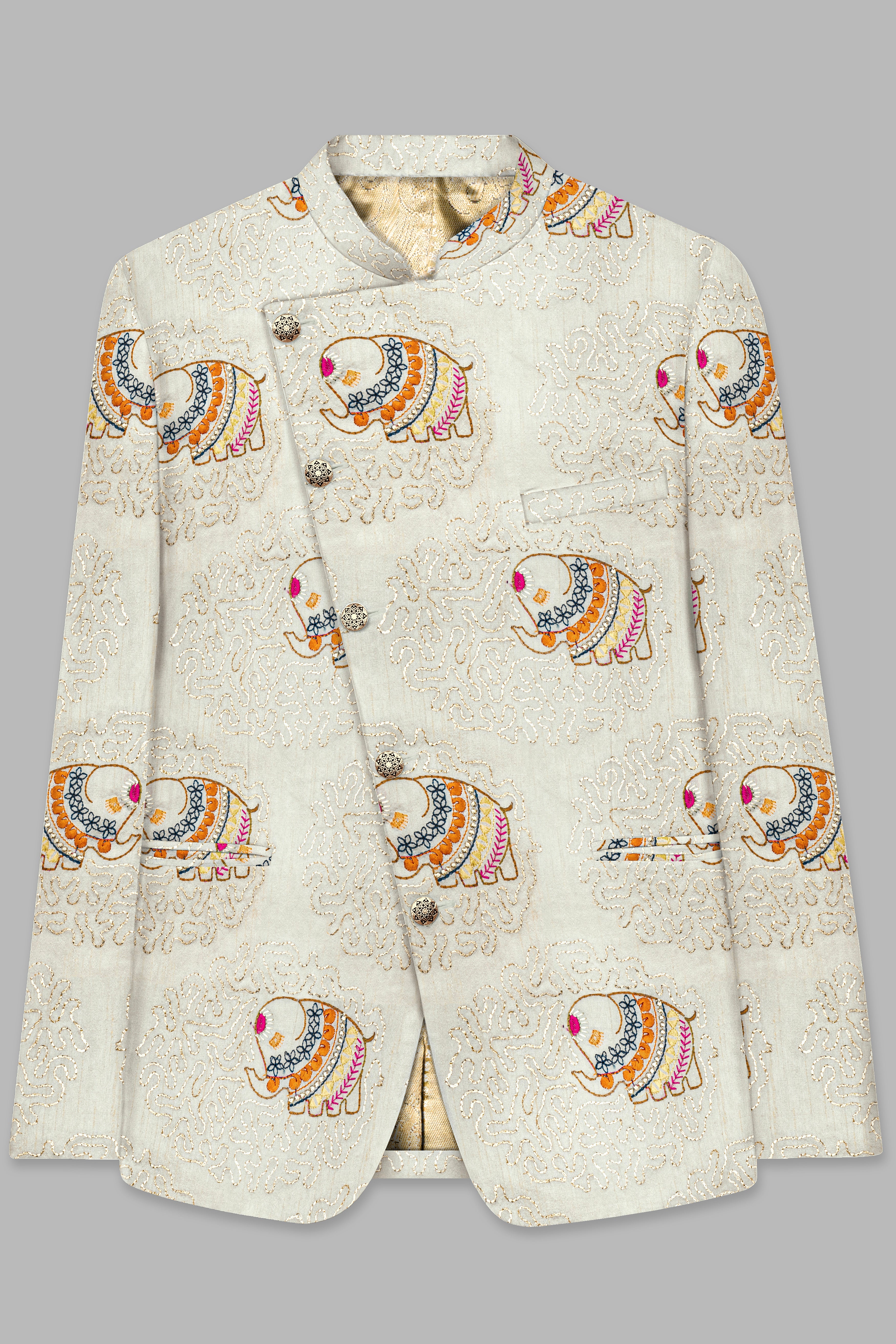 Soft Amber Cream Designer Elephant Embroidered Cross Placket Bandhgala Jodhpuri