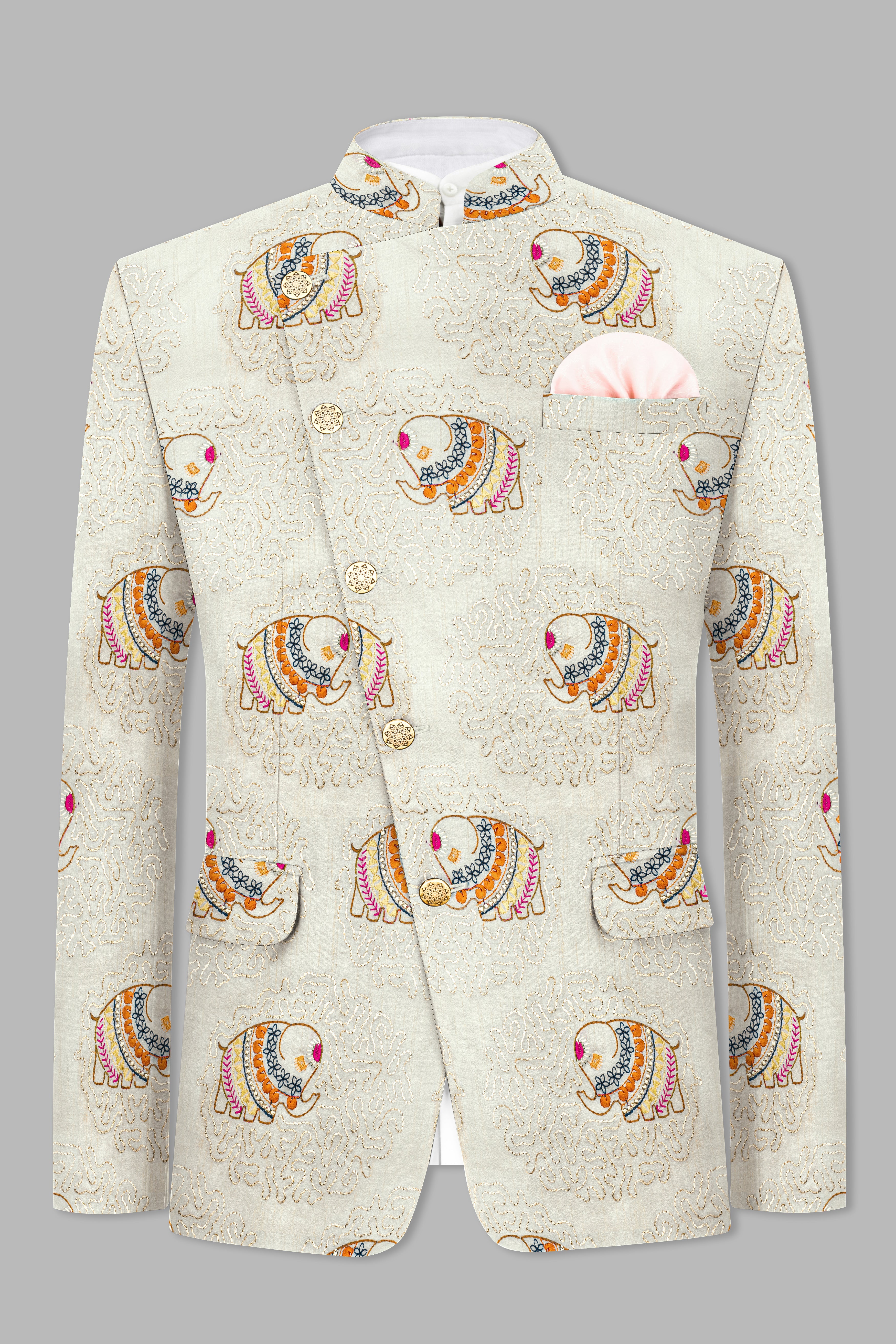 Soft Amber Cream Designer Elephant Embroidered Cross Placket Bandhgala Jodhpuri