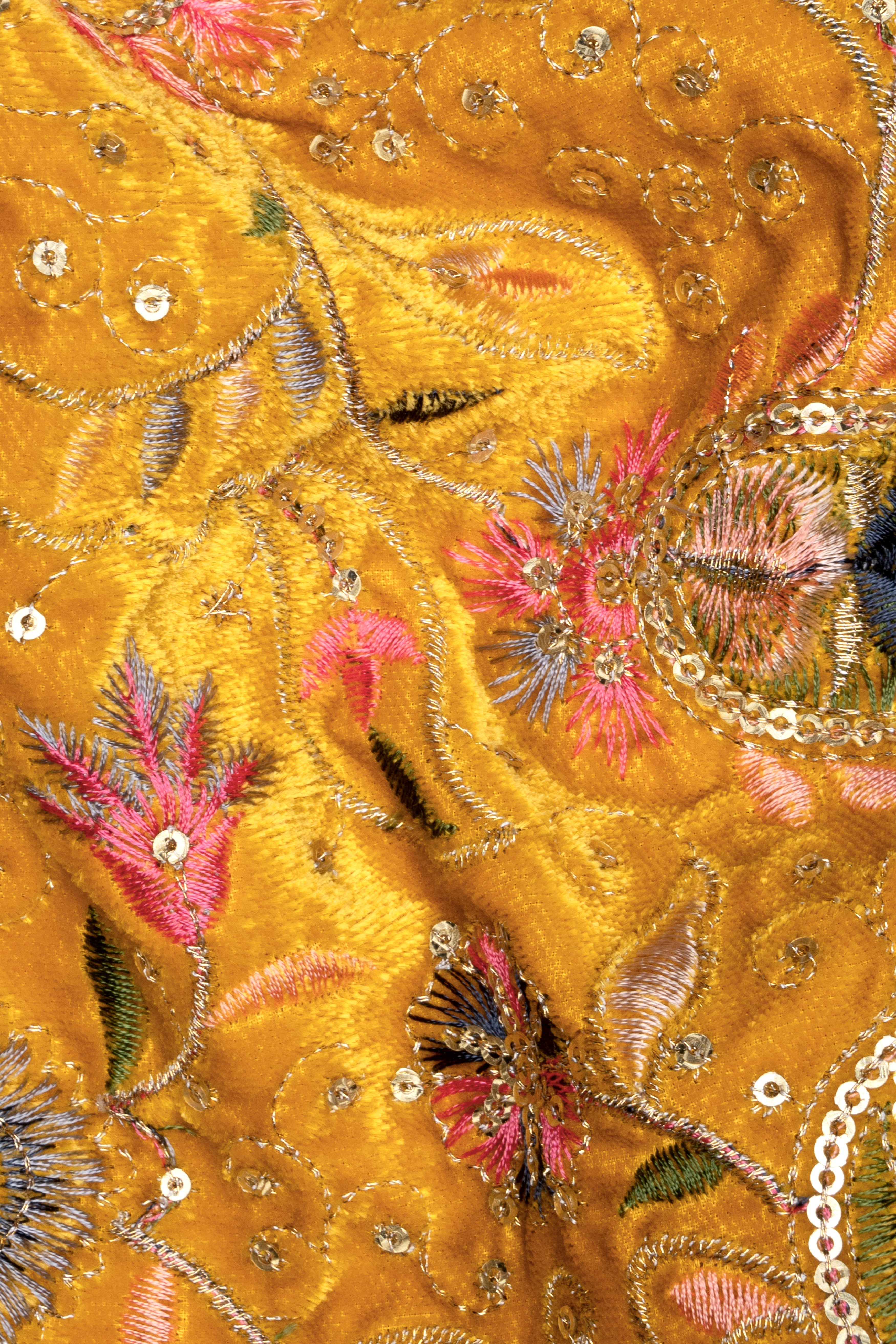 Firebush Yellow Velvet Floral Thread Embroidered Tuxedo Blazer