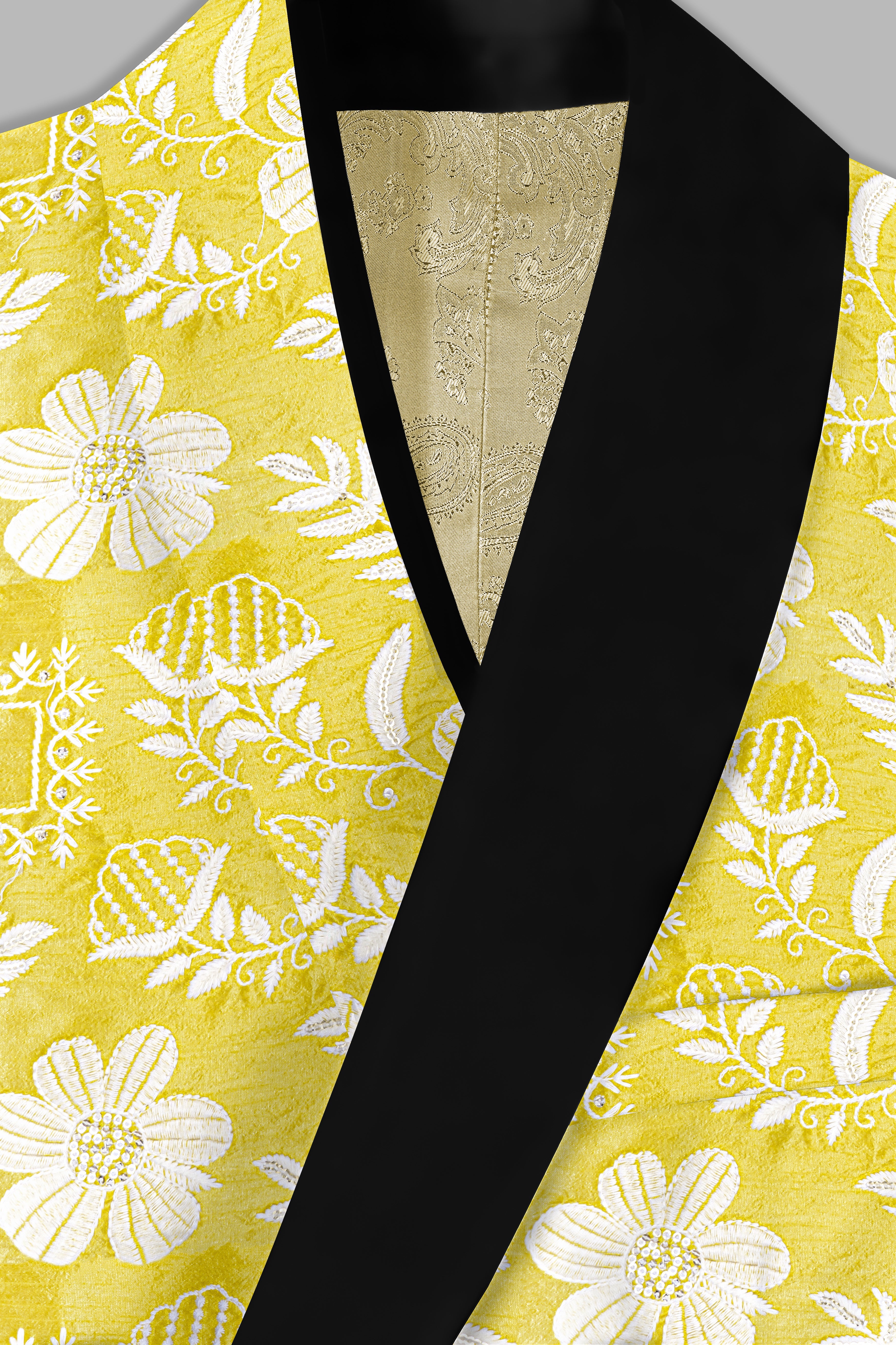 Dandelion Yellow And Bright White Floral Sequin And Thread Embroidered Tuxedo Blazer