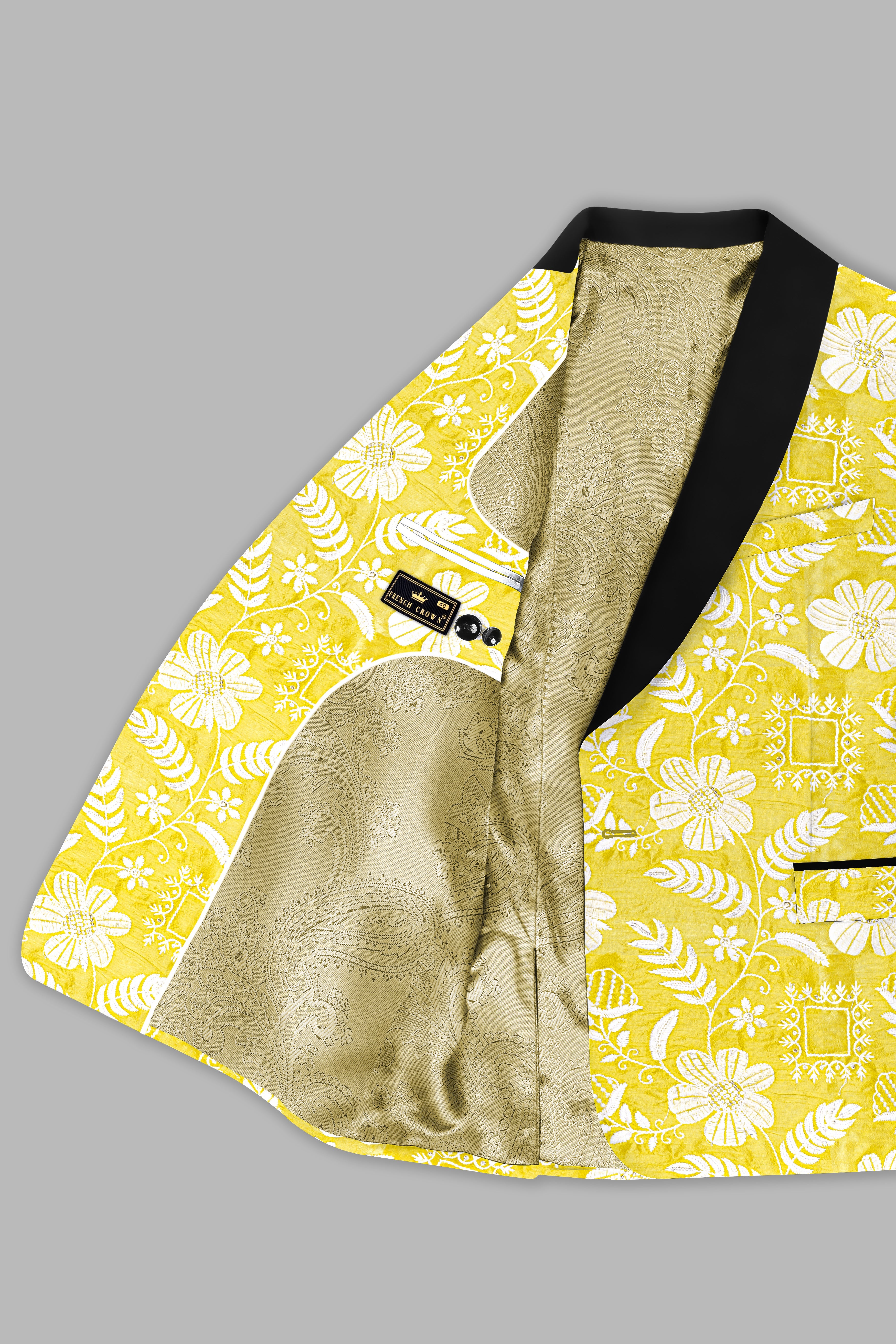 Dandelion Yellow And Bright White Floral Sequin And Thread Embroidered Tuxedo Blazer