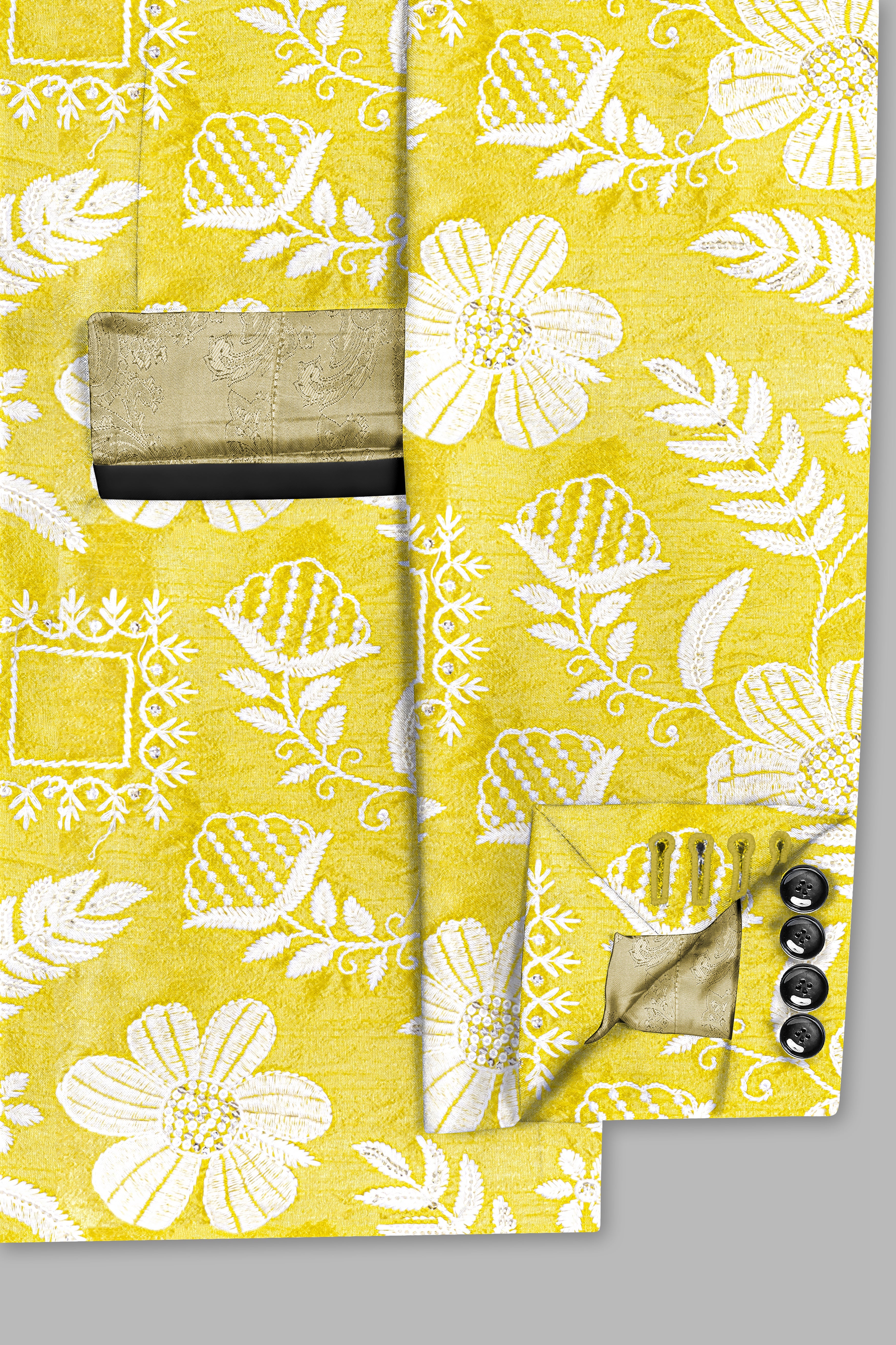 Dandelion Yellow And Bright White Floral Sequin And Thread Embroidered Tuxedo Blazer
