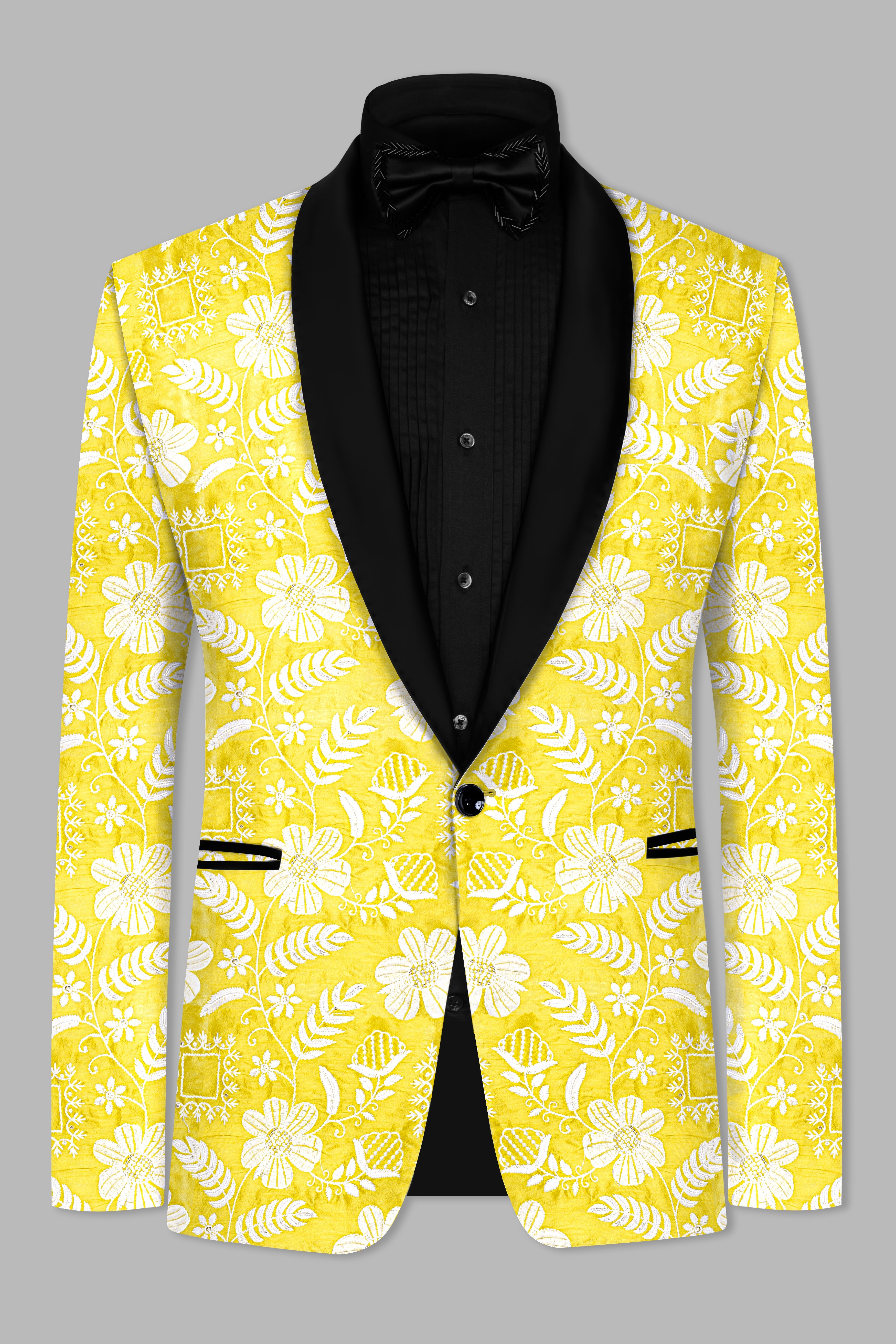 Dandelion Yellow And Bright White Floral Sequin And Thread Embroidered Tuxedo Blazer