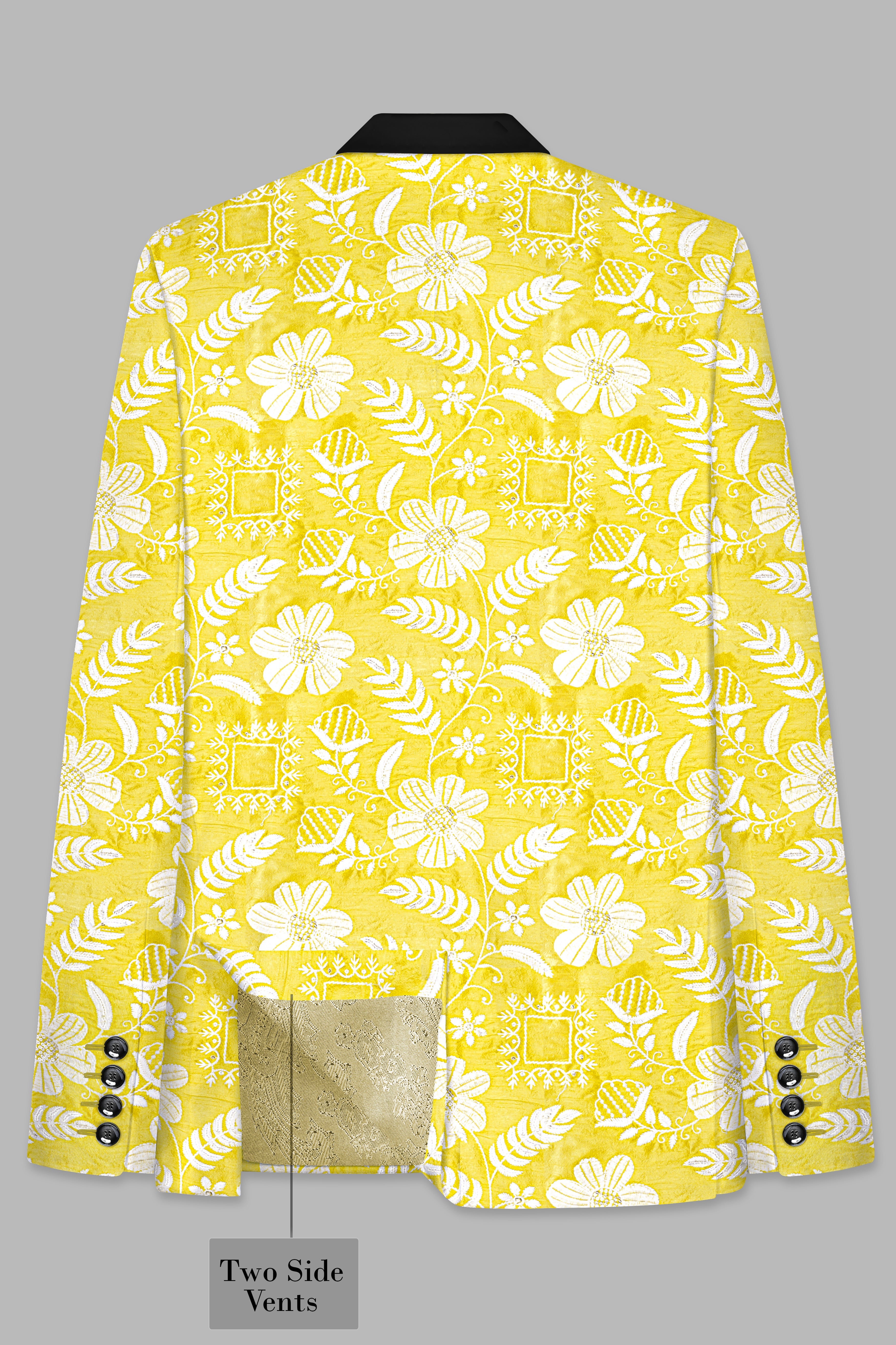 Dandelion Yellow And Bright White Floral Sequin And Thread Embroidered Tuxedo Blazer