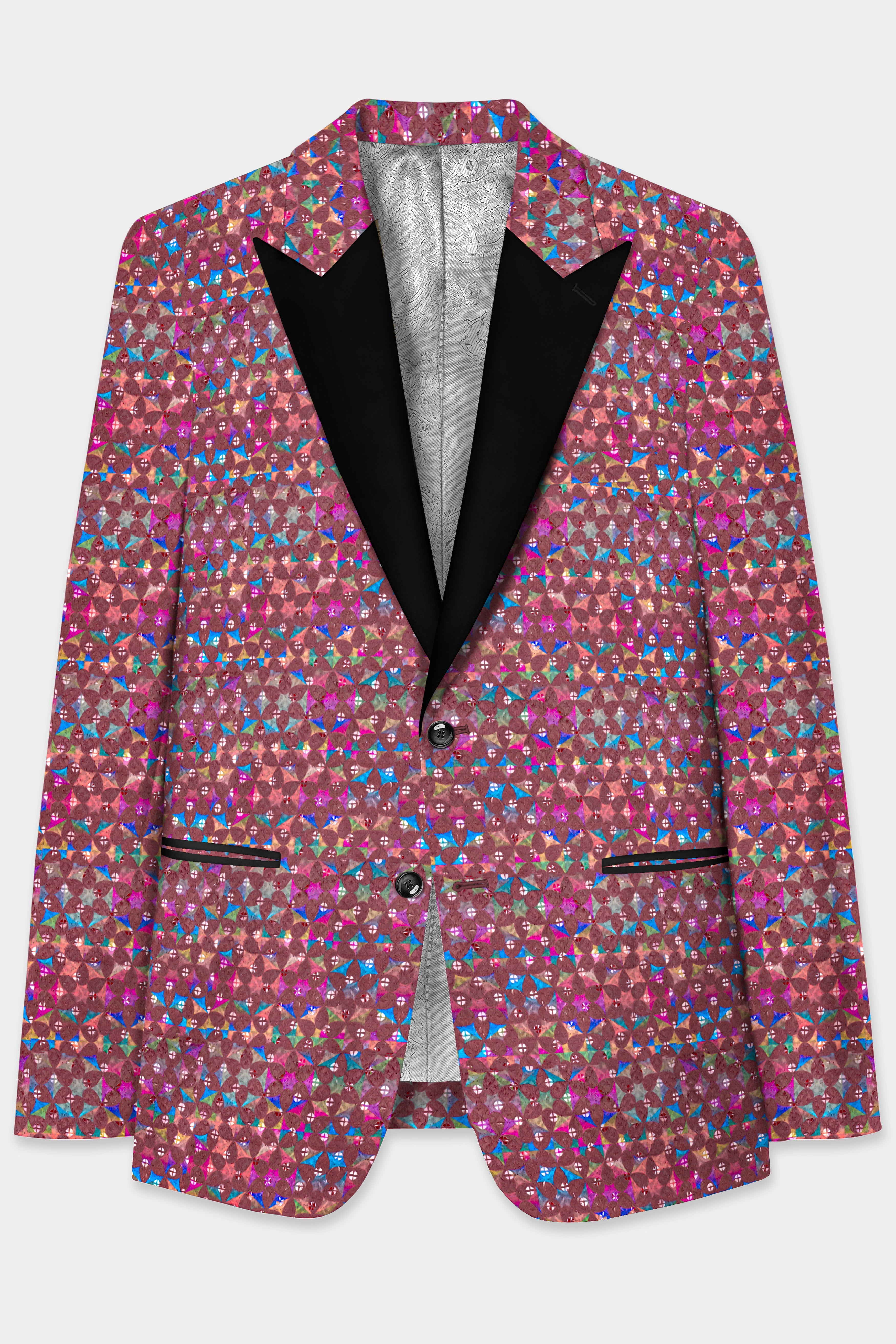 Cordovan Brown And Trendy Purple Multicolour Embroidered Peak Lapel Tuxedo Blazer