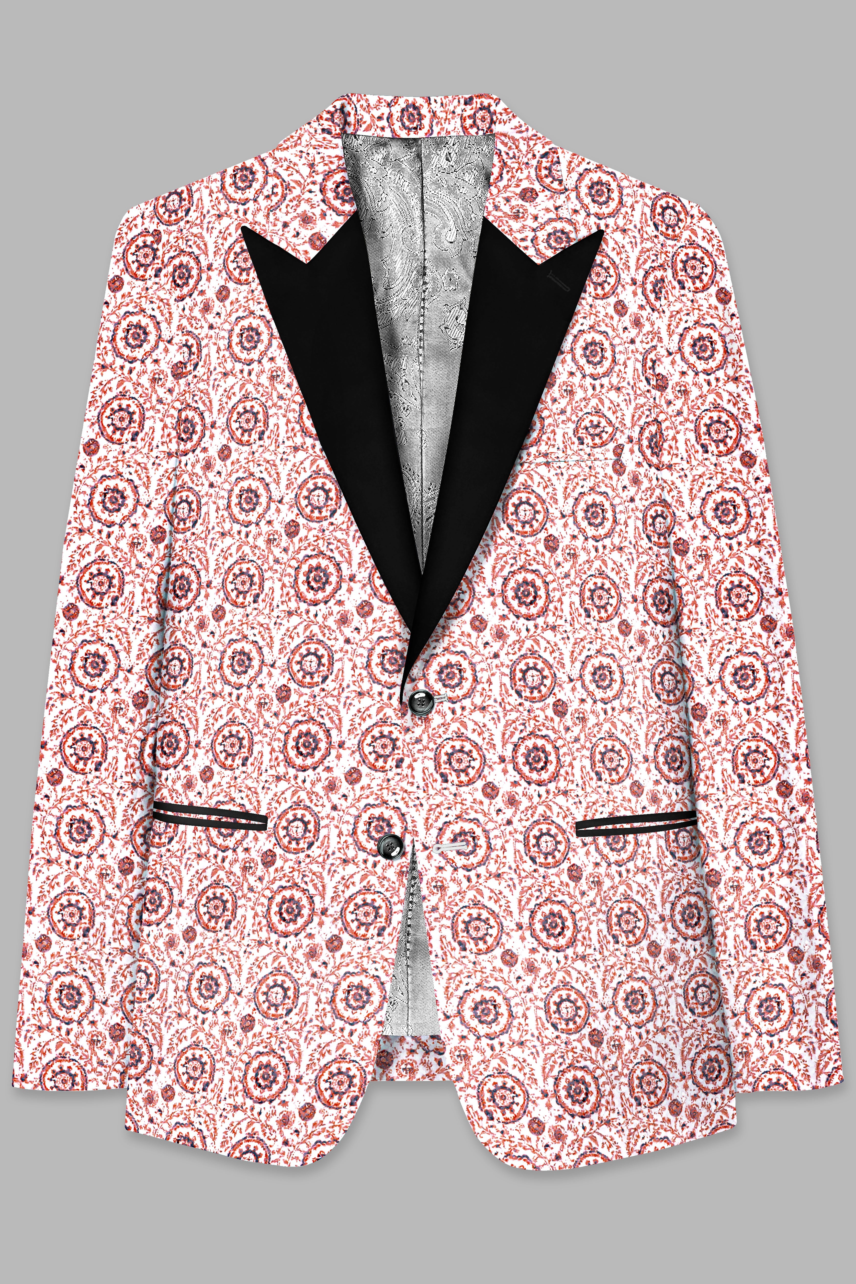 Copper Rust Brown And Bright White Embroidered Peak Lapel Tuxedo Blazer