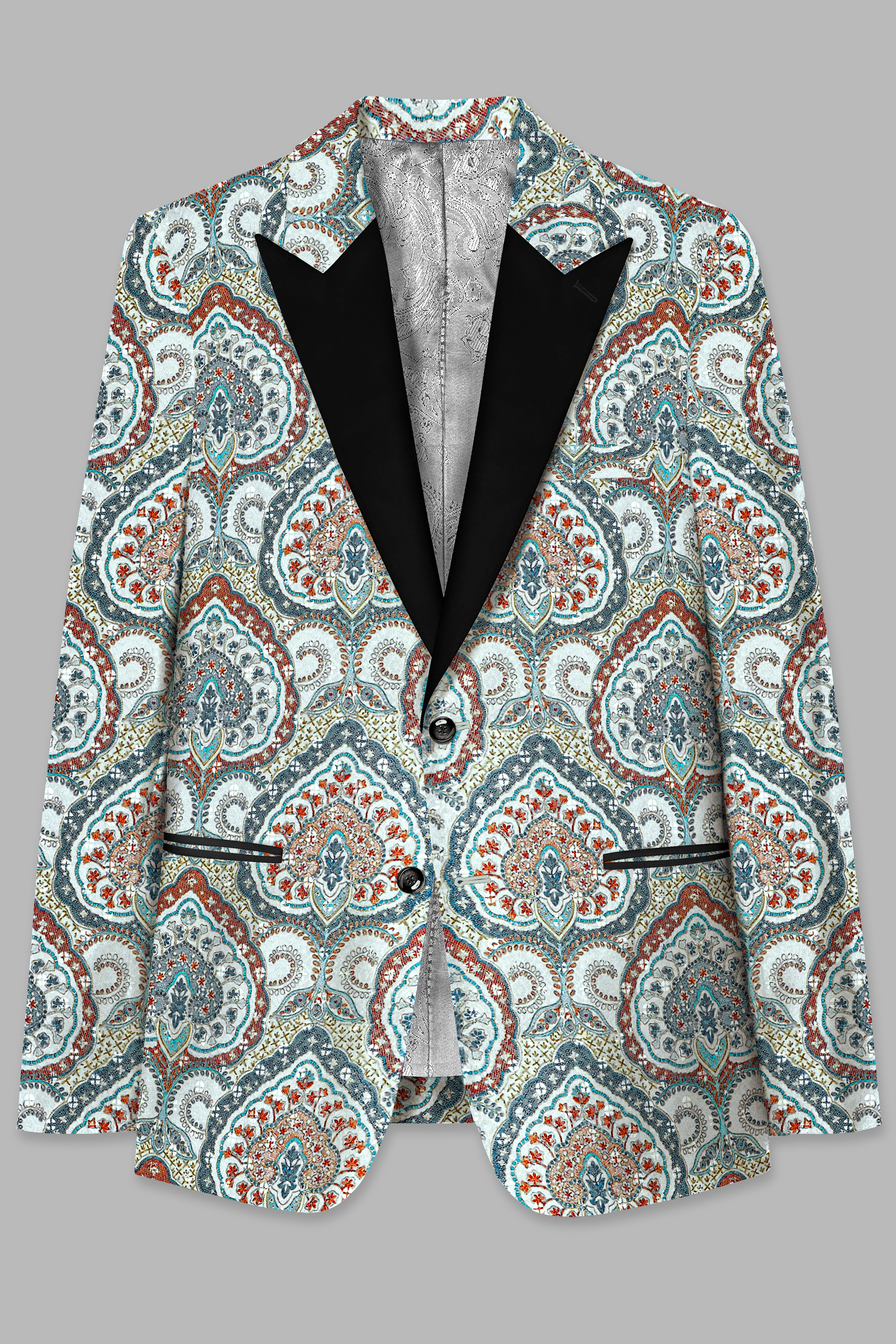 Shiraz Blue And Hippie Red MultiColour Embroidered Peak Lapel Tuxedo Blazer