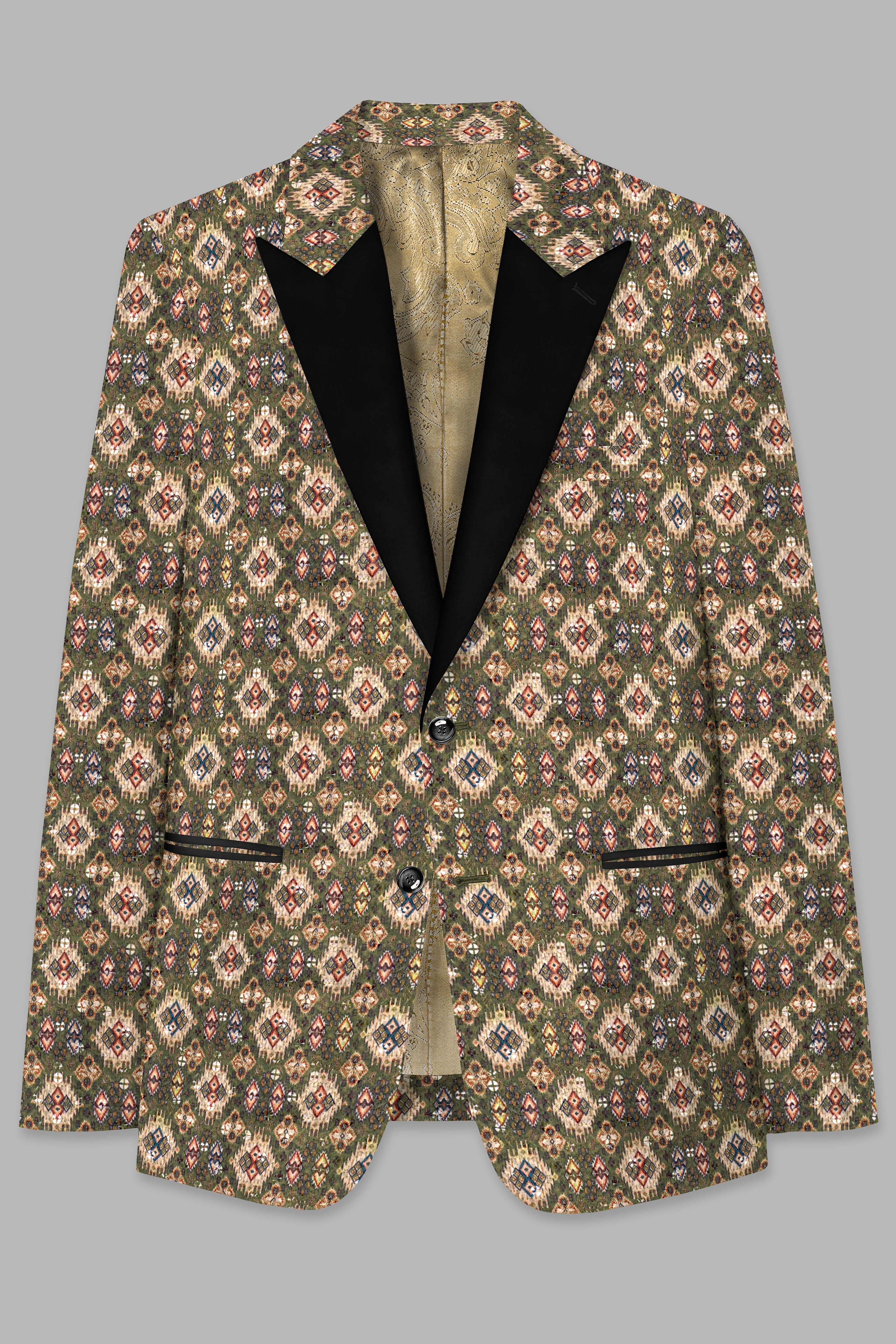 Finch Green and Coffee Brown MultiColour Designer Embroidered Peak Lapel Tuxedo Blazer