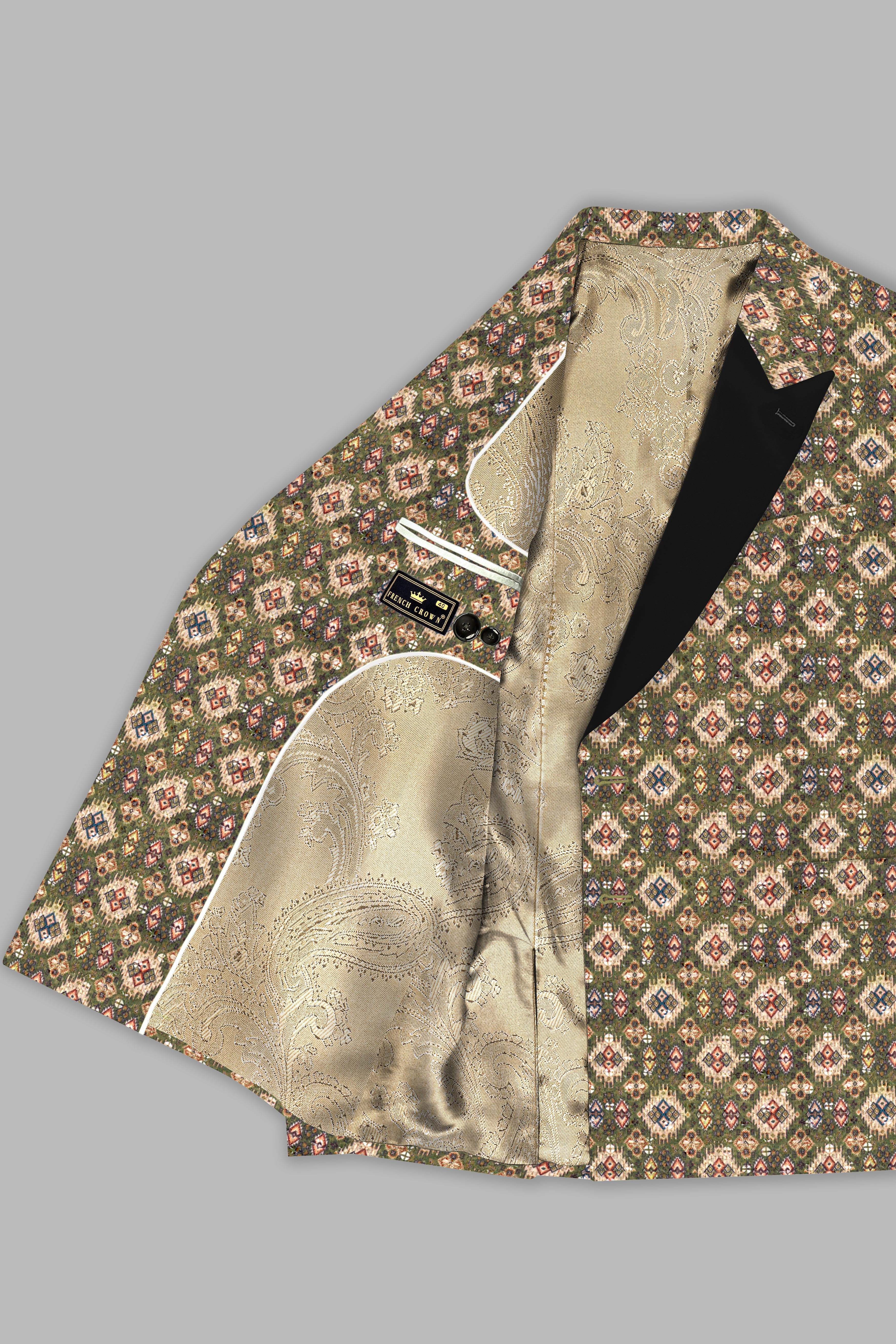 Finch Green and Coffee Brown MultiColour Designer Embroidered Peak Lapel Tuxedo Blazer