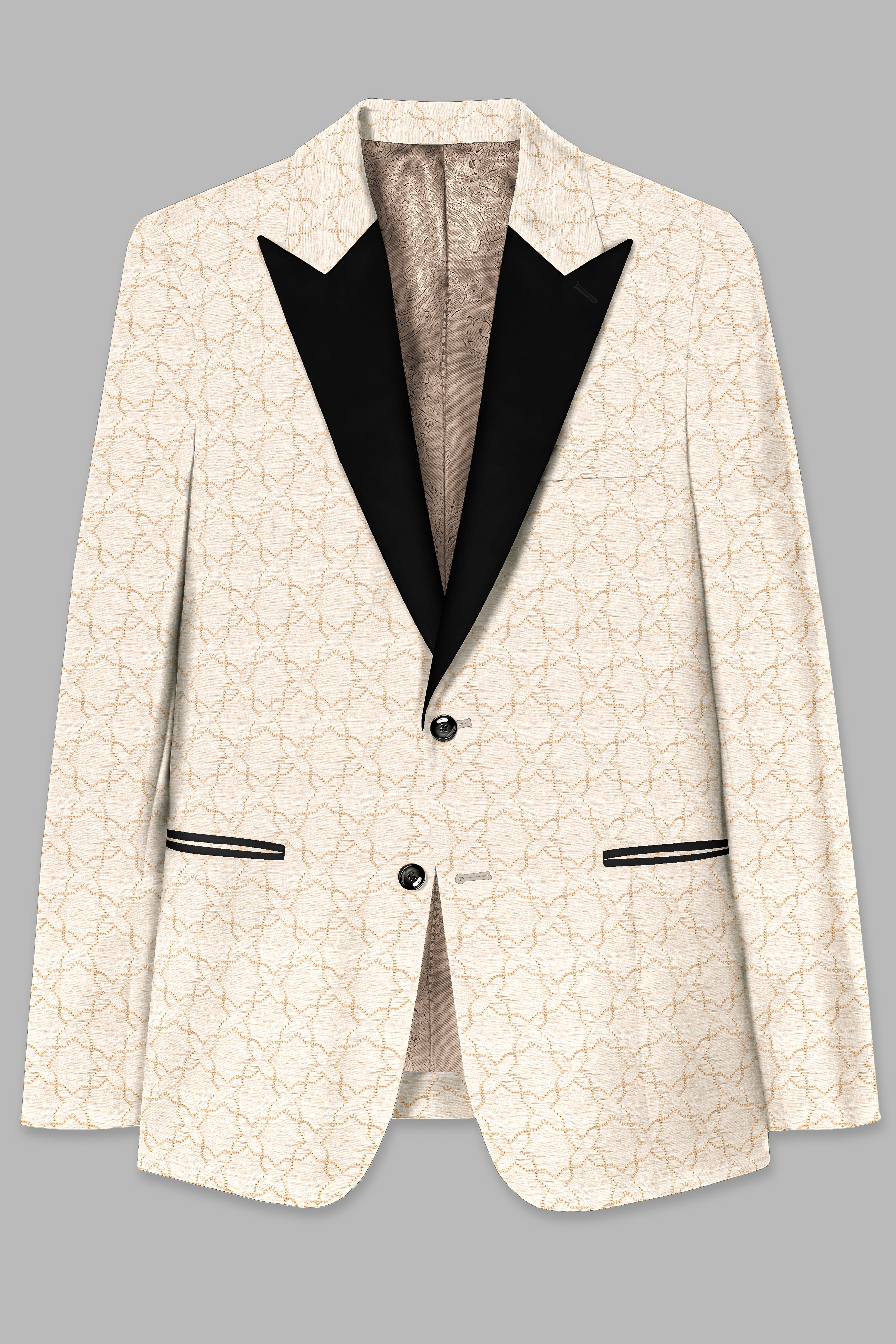 Pearl Bush Cream hexagon Designer Embroidered Peak Lapel Tuxedo Blazer