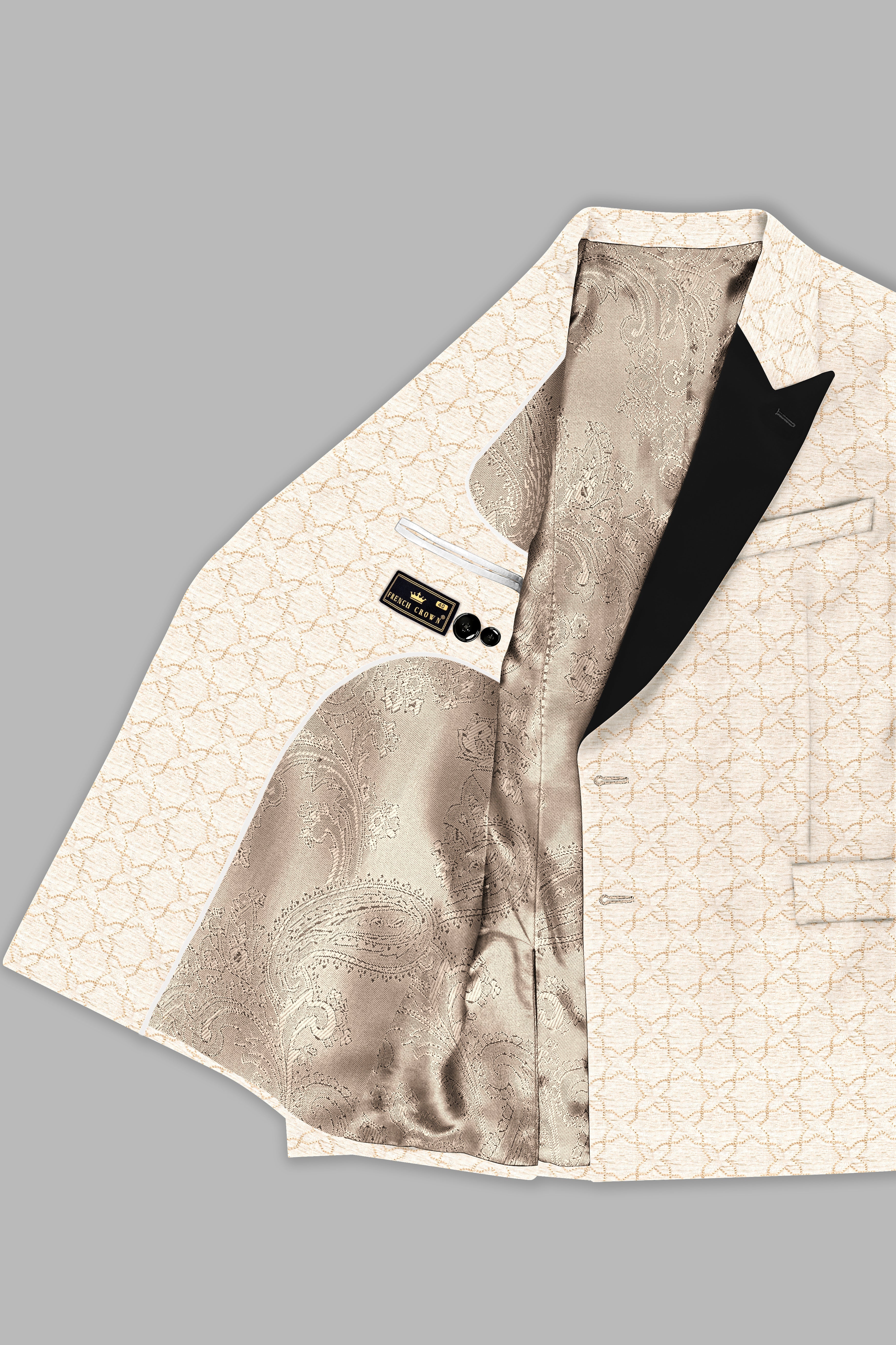 Pearl Bush Cream hexagon Designer Embroidered Peak Lapel Tuxedo Blazer