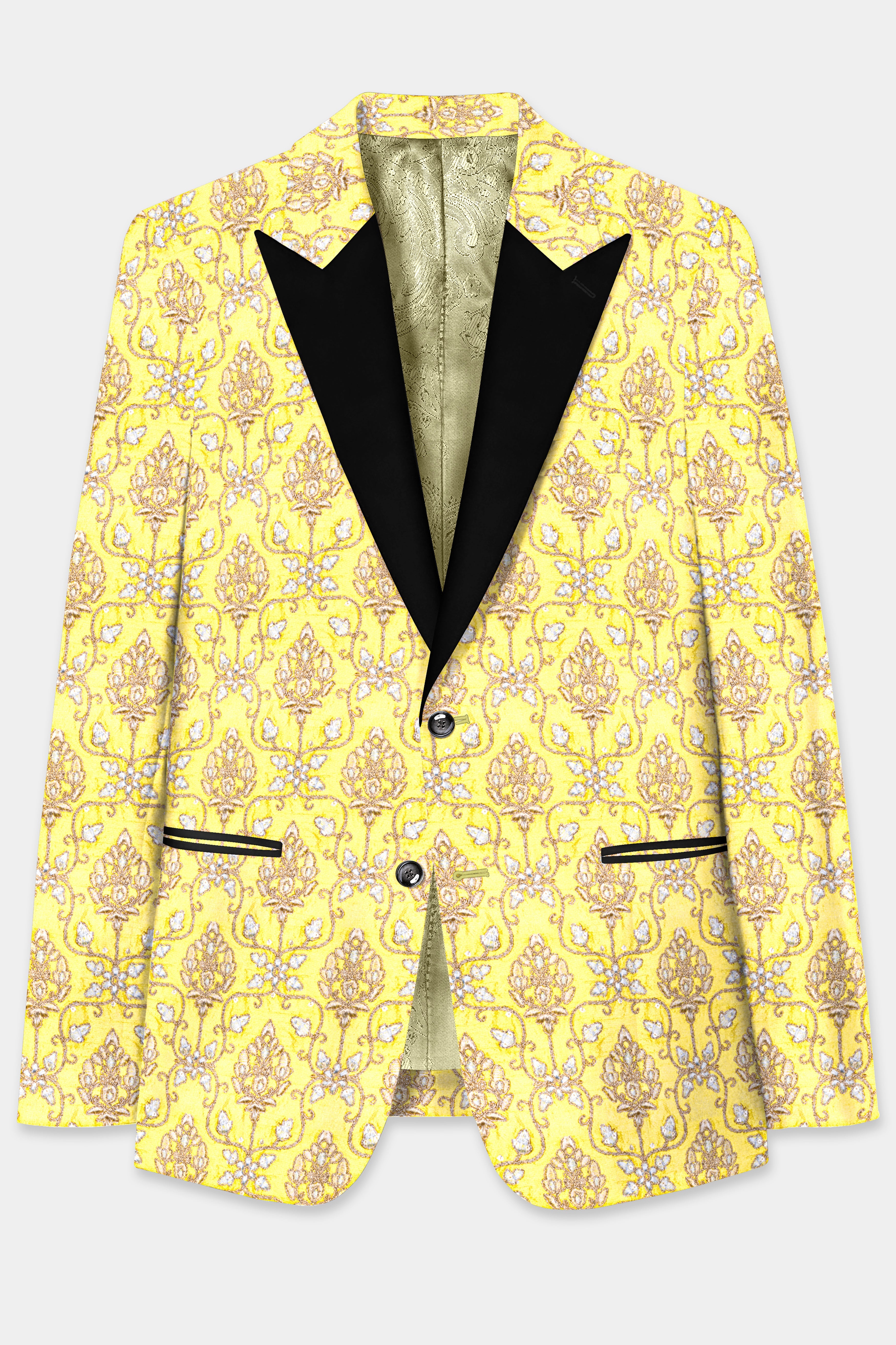 Marigold Yellow And Quicksand Brown Thread Embroidered Peak Lapel Tuxedo Blazer