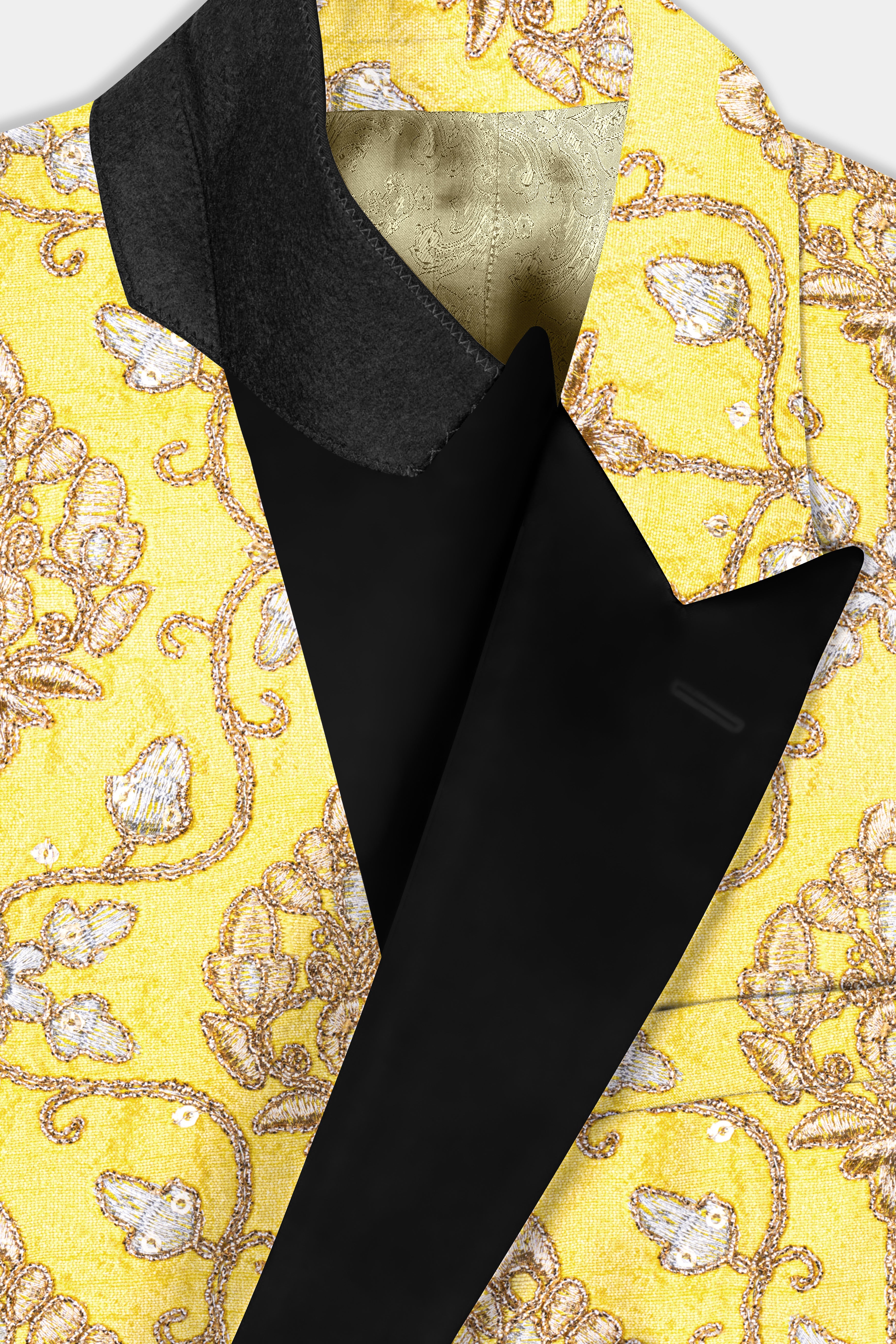 Marigold Yellow And Quicksand Brown Thread Embroidered Peak Lapel Tuxedo Blazer