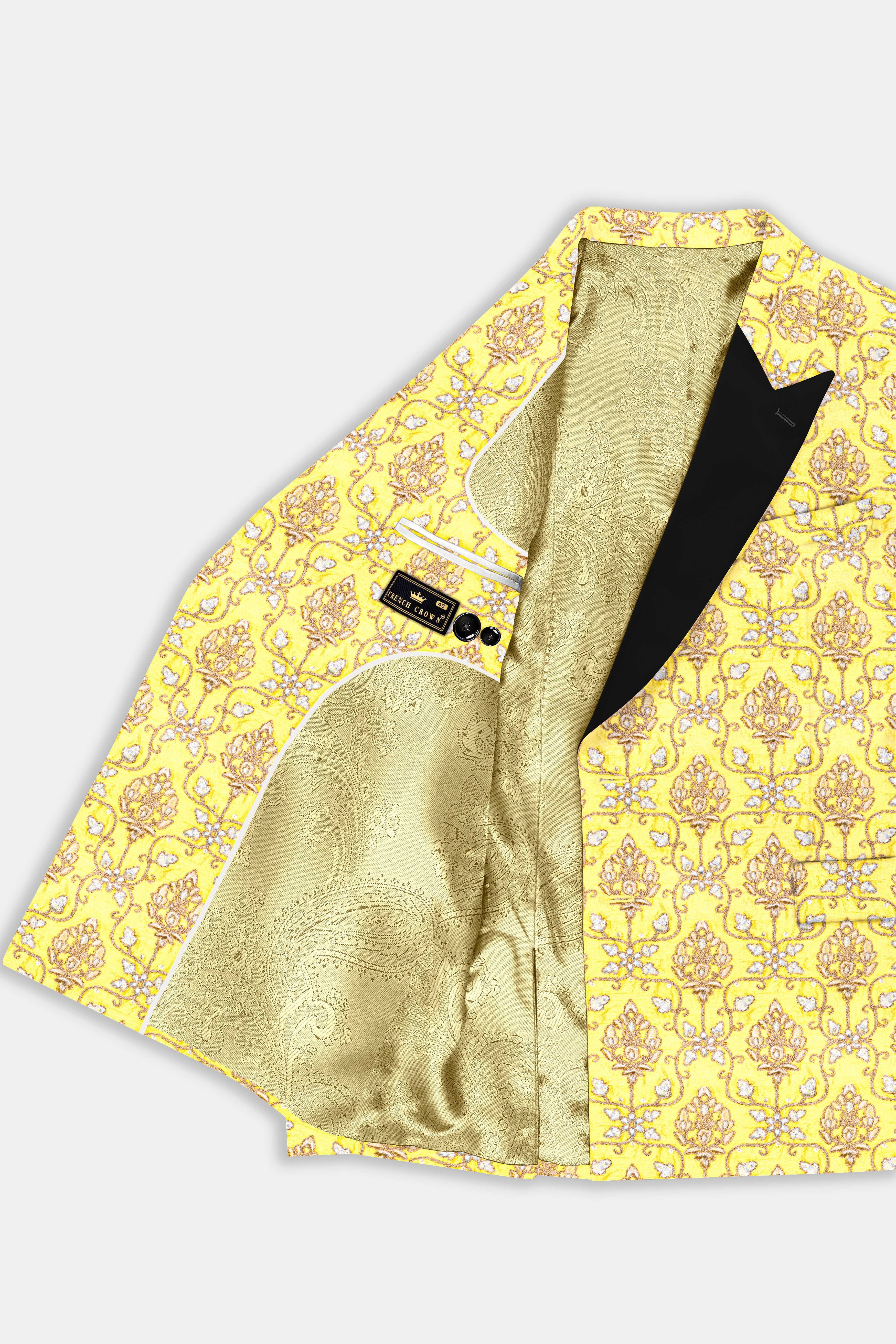 Marigold Yellow And Quicksand Brown Thread Embroidered Peak Lapel Tuxedo Blazer
