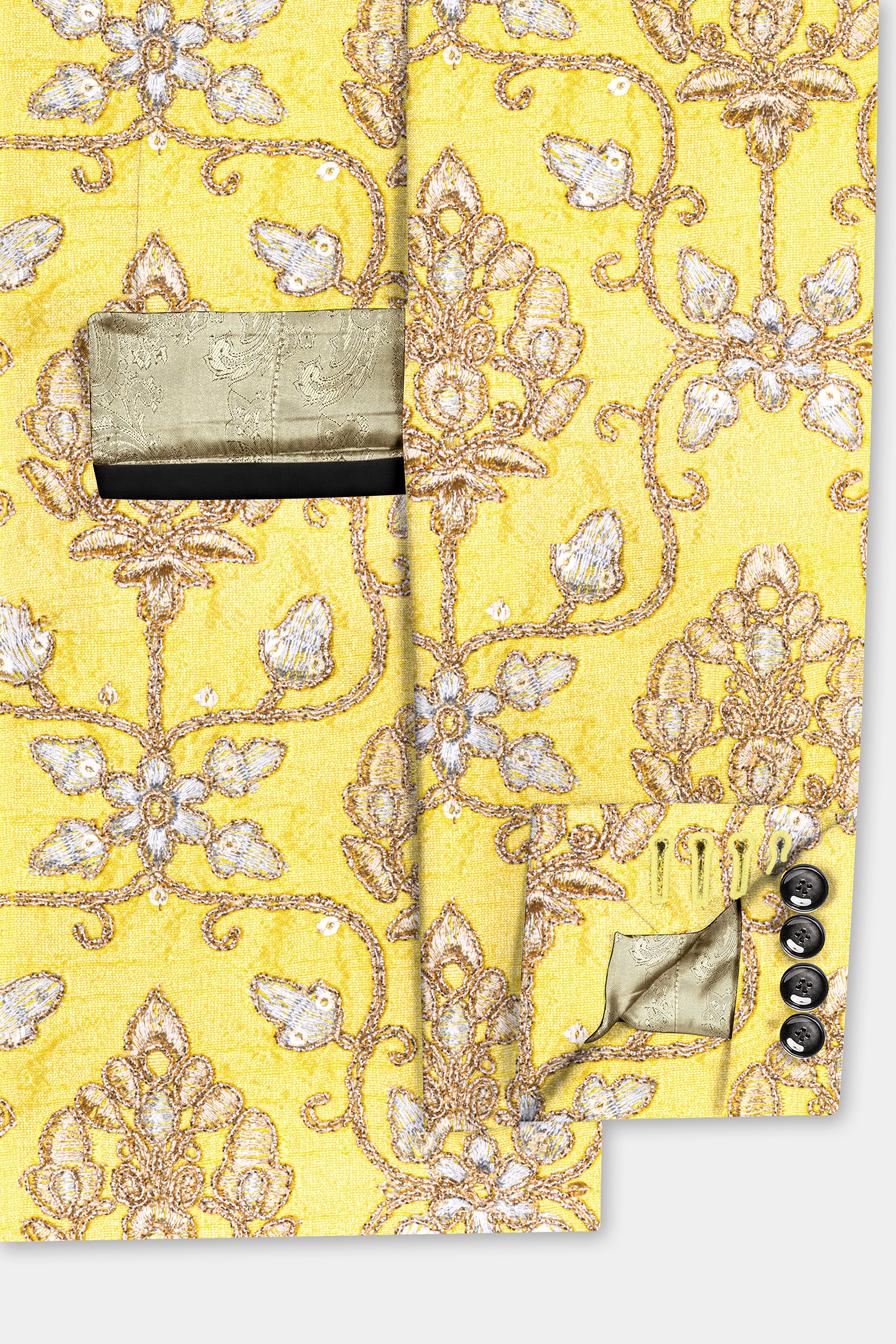 Marigold Yellow And Quicksand Brown Thread Embroidered Peak Lapel Tuxedo Blazer