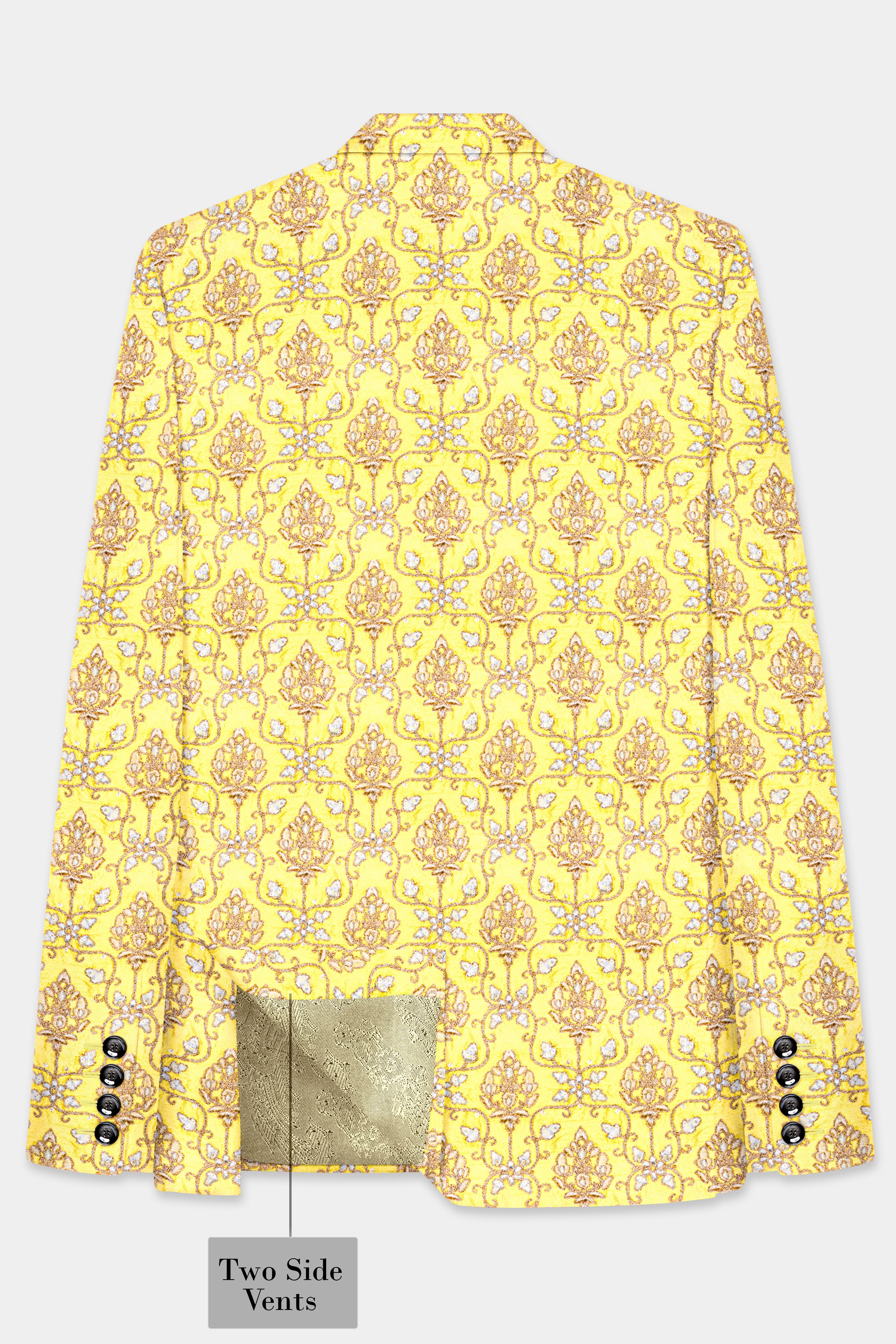 Marigold Yellow And Quicksand Brown Thread Embroidered Peak Lapel Tuxedo Blazer