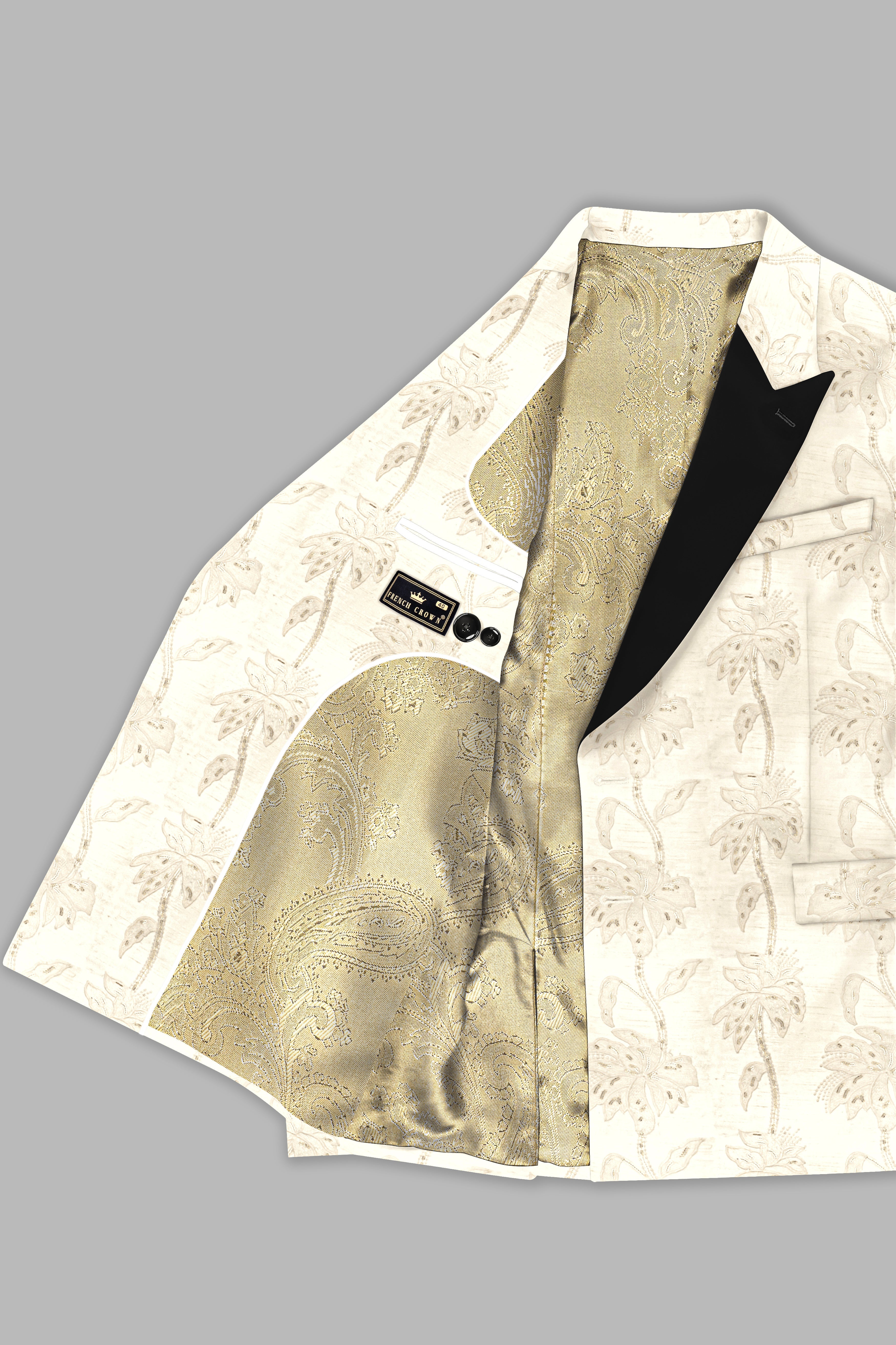 Bright White Designer Sequin And Thread Embroidered Peak Lapel Tuxedo Blazer